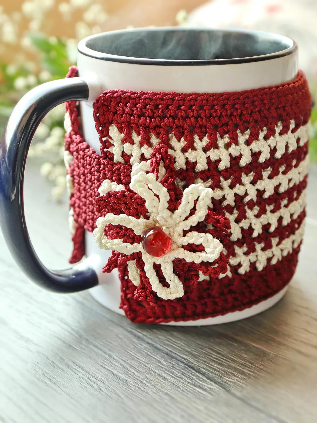 Burgundy Striped Mug Cozy Crochet Pattern Victorian Coffee Sleeve Magnetic Flower Intermediate PDF