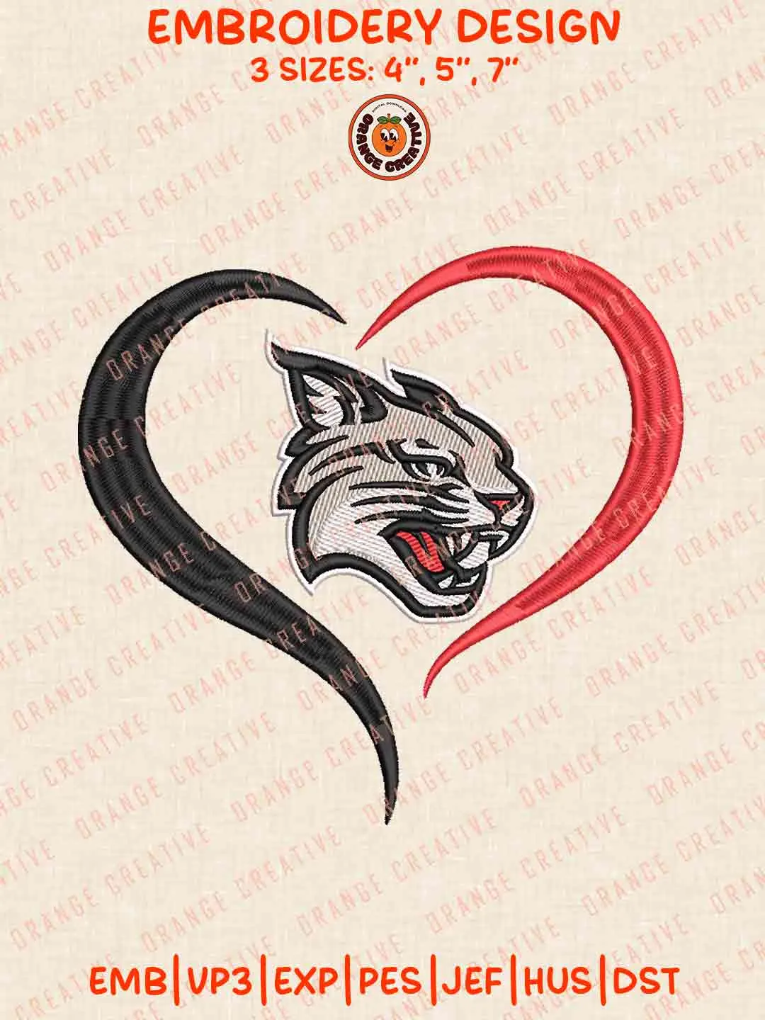 Davidson Wildcat Heart Logo Embroidery Design, College Machine Embroidery Digitized Pes File, Football Designs, 3 Sizes, Custom Size, Instant Download