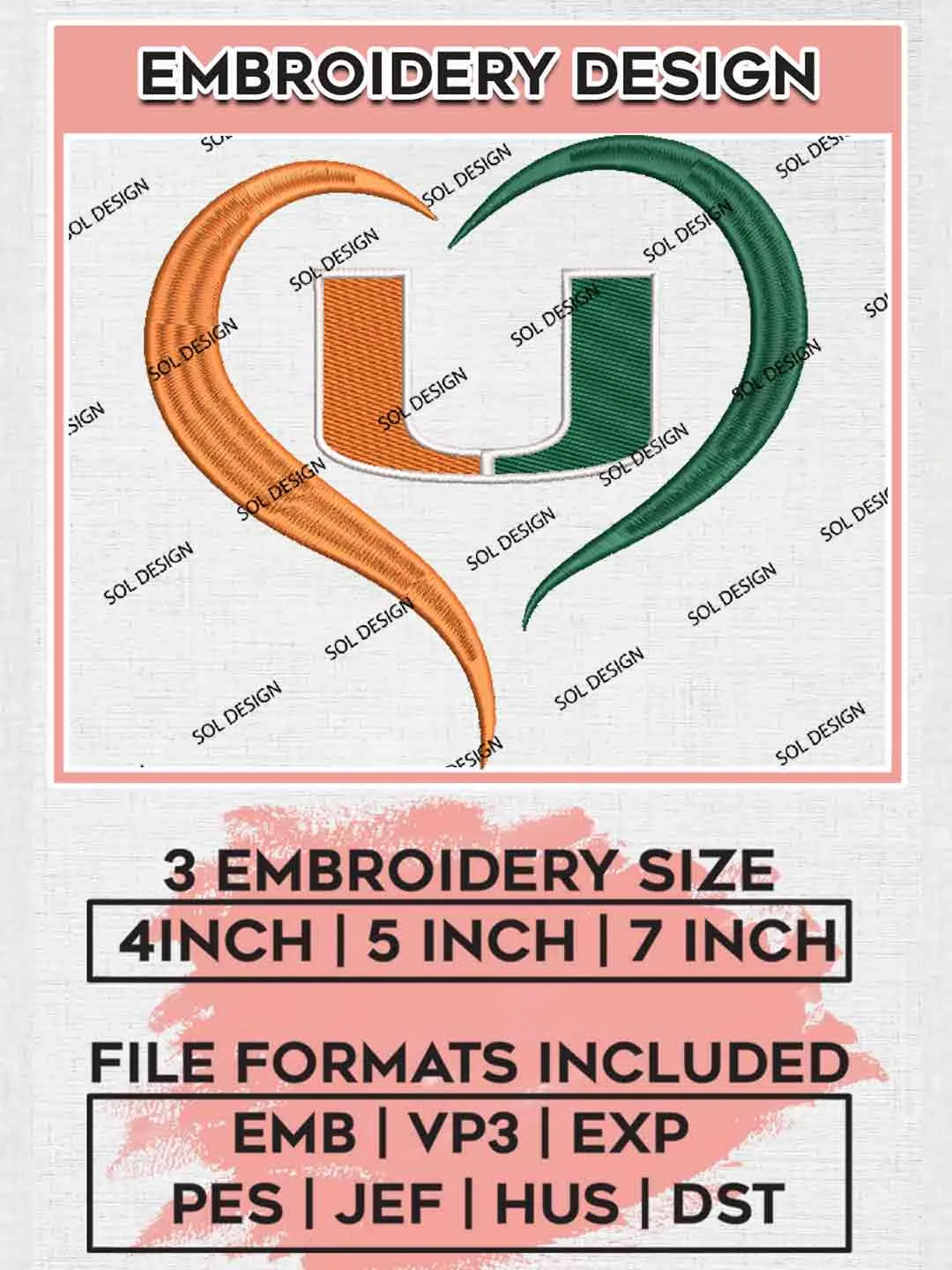 NCAA Miami Hurricanes Heart Logo Embroidery Designs, NCAA Miami Hurricanes Logo Embroidery files, NCAA Team, College Football Team Machine embroidery designs, Digital Download