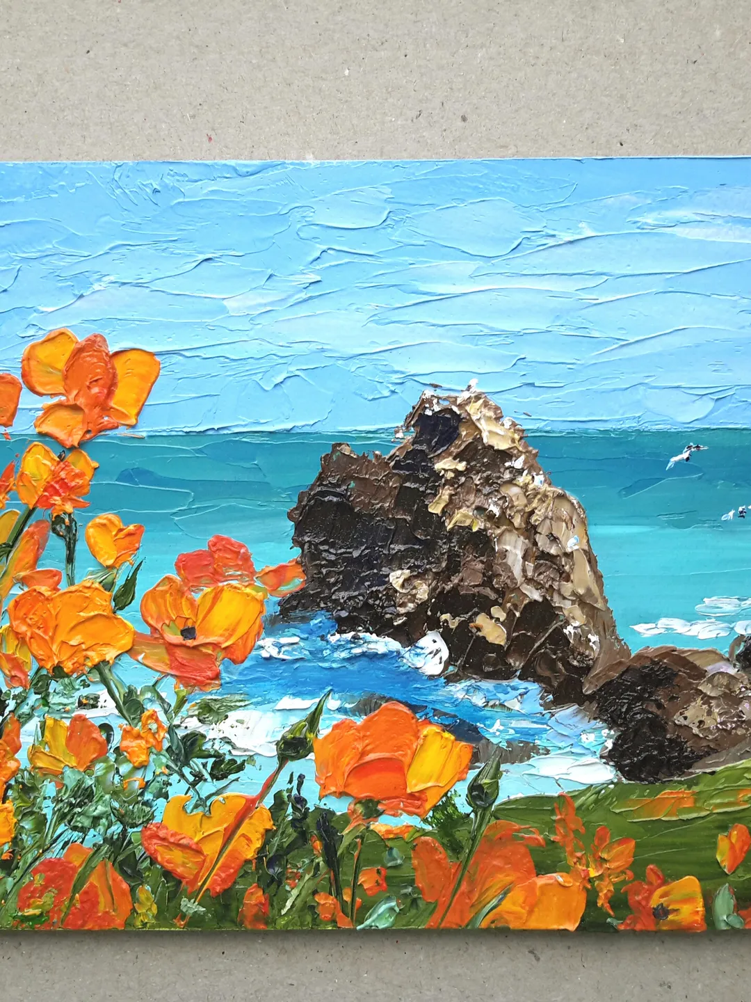 California Poppies Original Oil Painting Impasto Landscape Floral Small Art