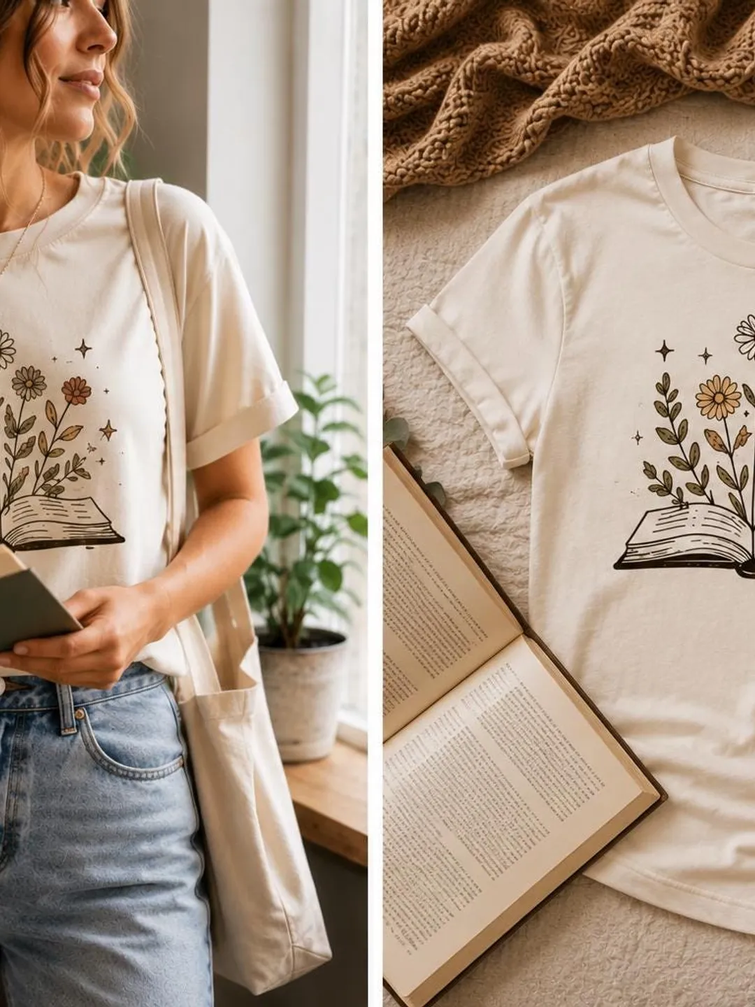 Book Lover T-Shirt | Minimalist Floral Open Book Graphic Tee