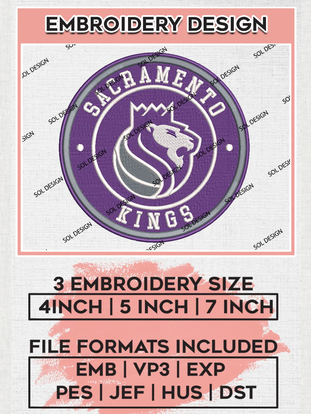 Sacramento Kings NBA Basketball Team Logo Embroidery Design, NBA Sacramento Kings Logo Embroidery Files, Basketball Team Machine Embroidery, Machine Embroidery Design