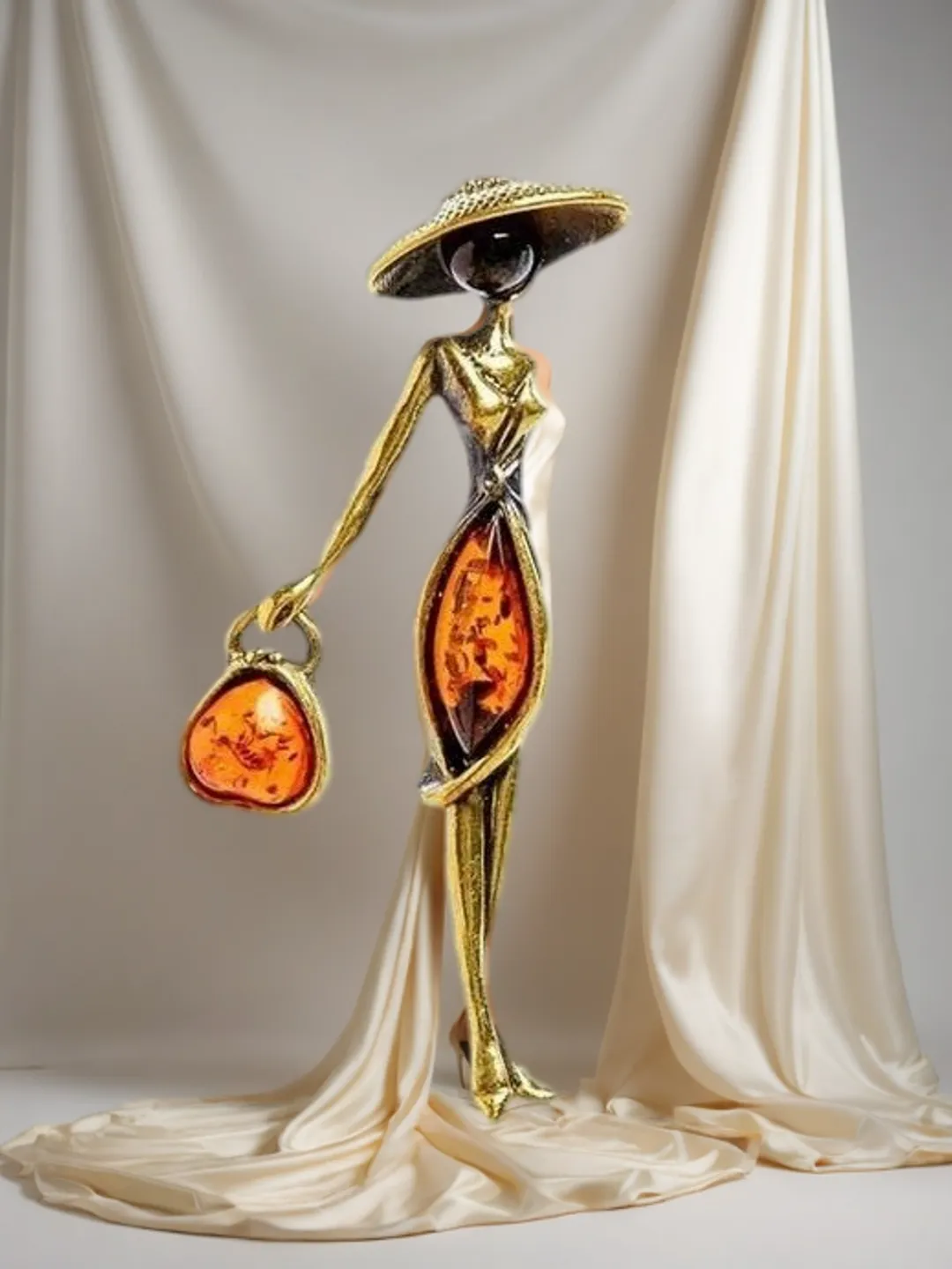 Women's brooch Lady in hat with handbag jewelry brooch gift for women girlfriend Gold brass Elegant Amber brooch Handmade jewelry women