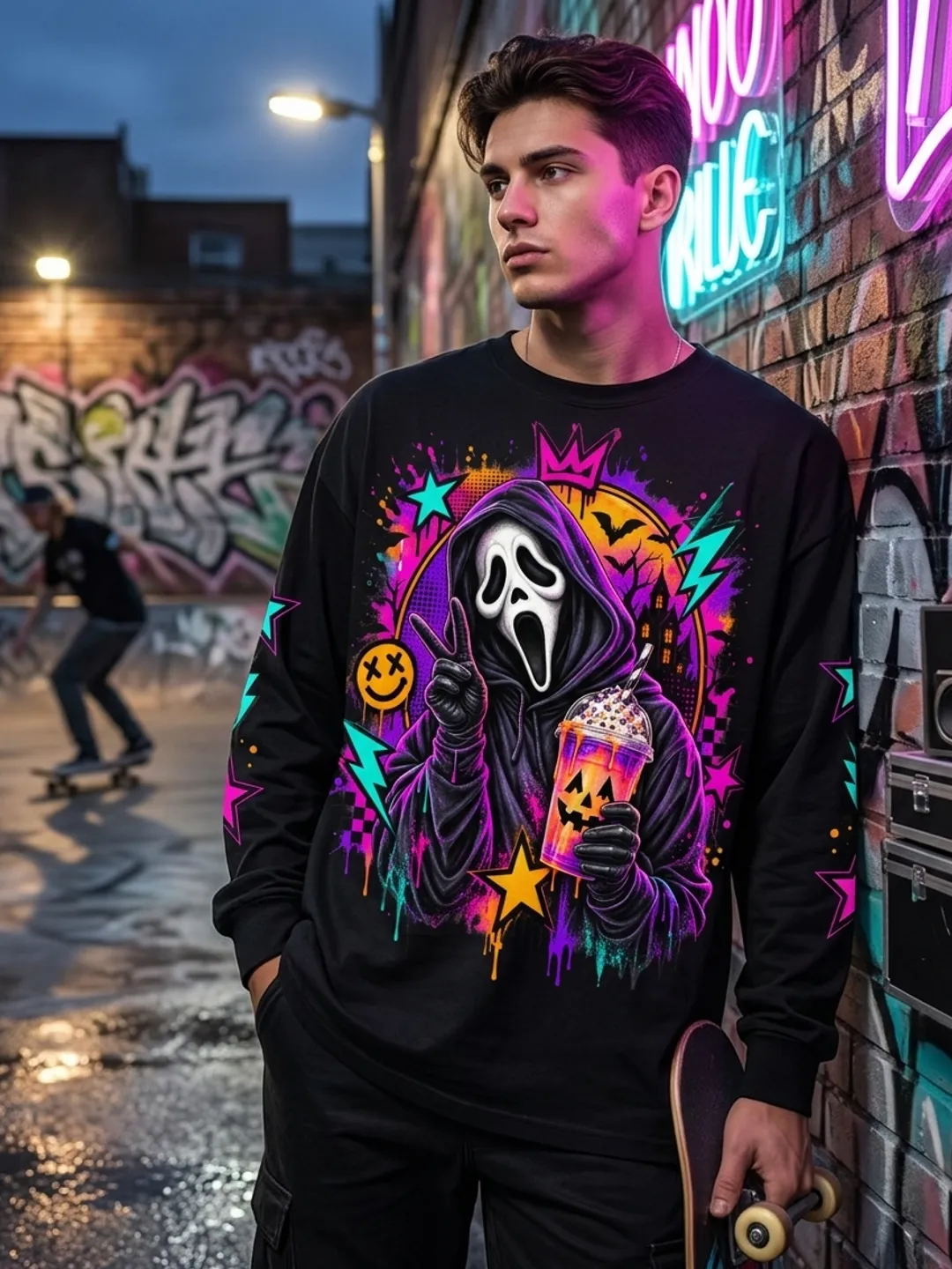 Neon Halloween Skeleton PNG – Spooky Party Graffiti T-Shirt Design