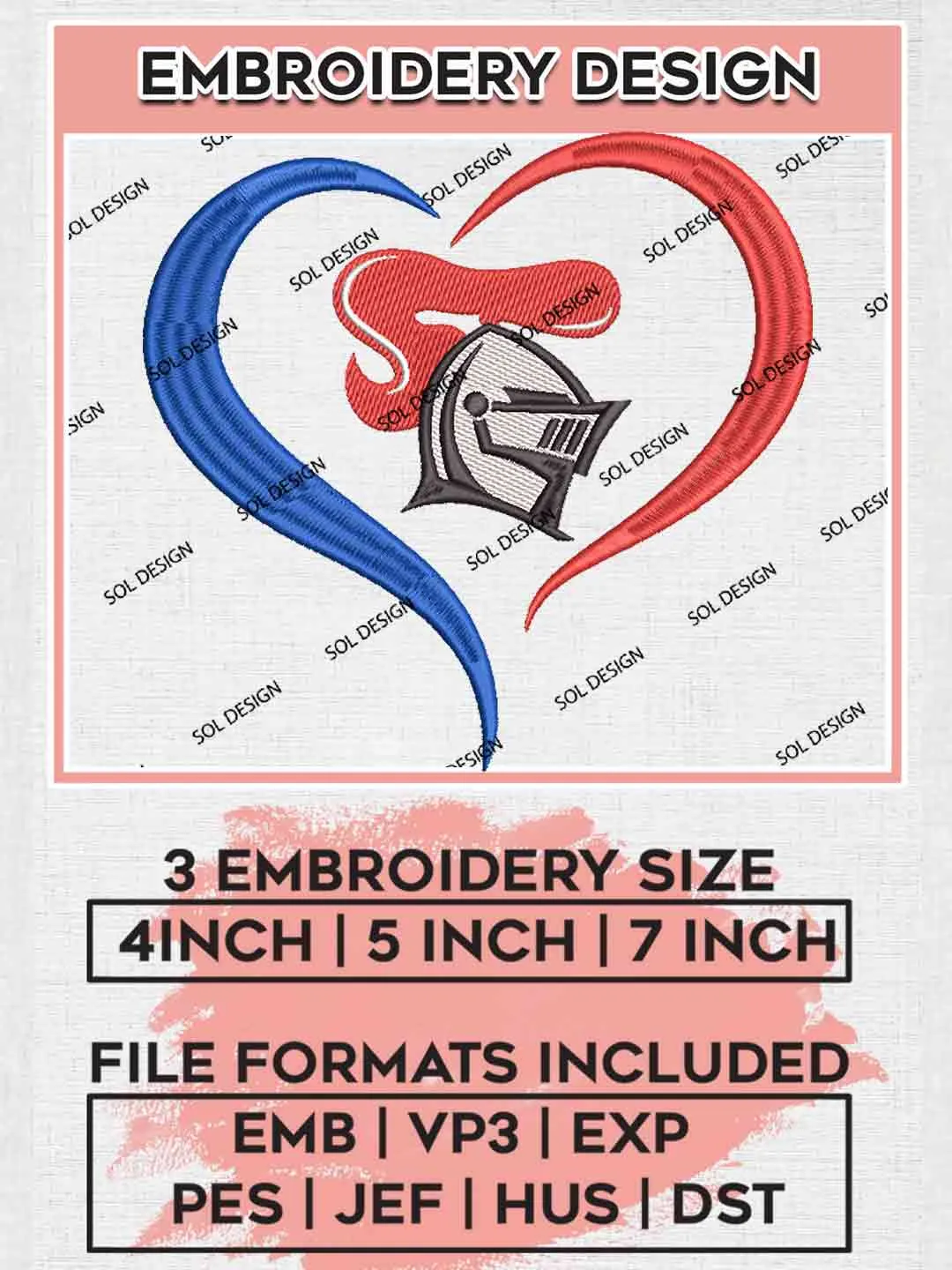 NRL Newcastle Knights Heart Embroidery Design, National Rugby League Embroidery Design, New Newcastle Knights Logo Embroidery Design, NRL Machine Embroidery Digitized Pes File, 3 Sizes, Instant Download