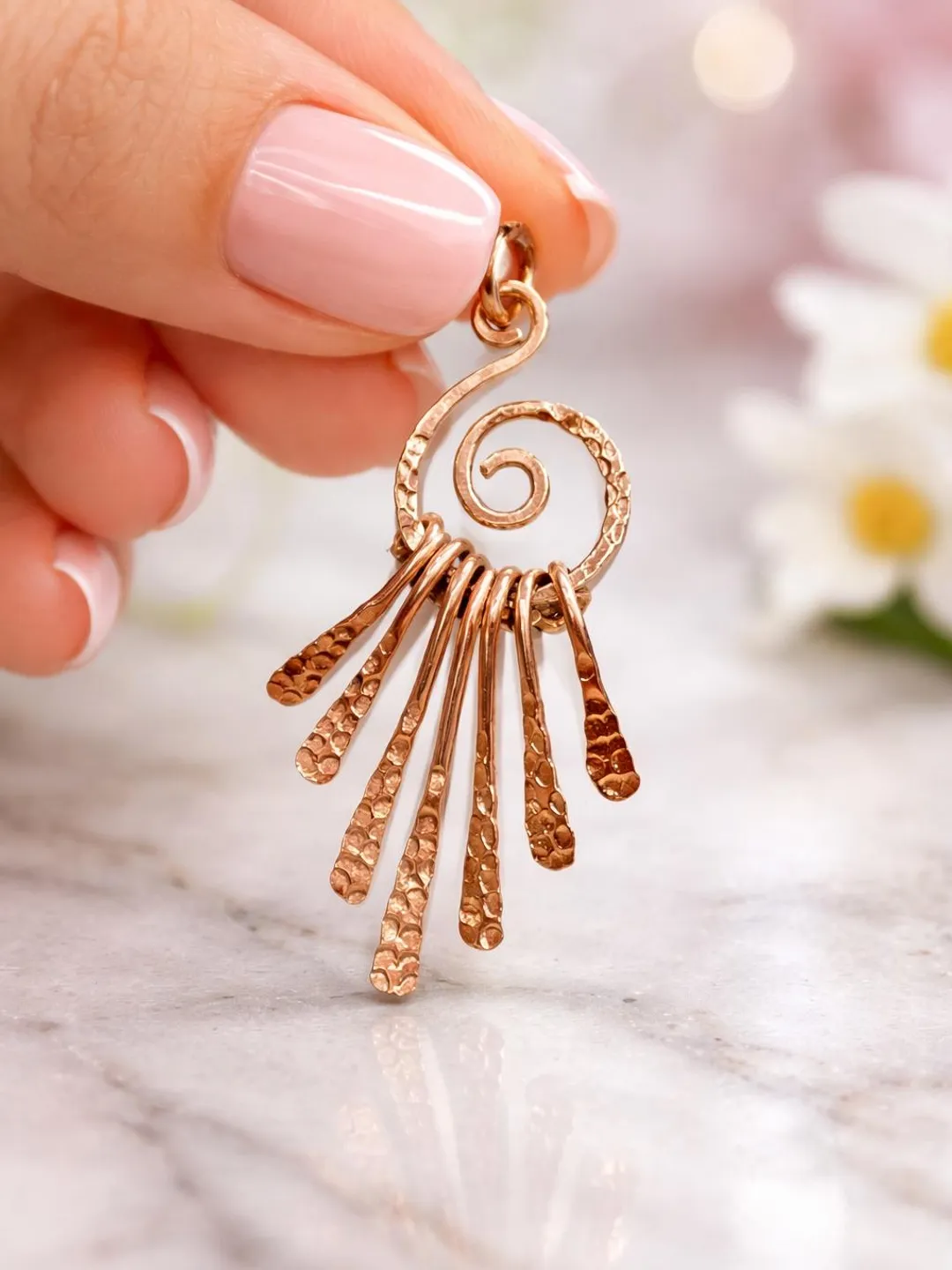 Handmade Hammered Copper Spiral Pendant – Boho Fringe Necklace