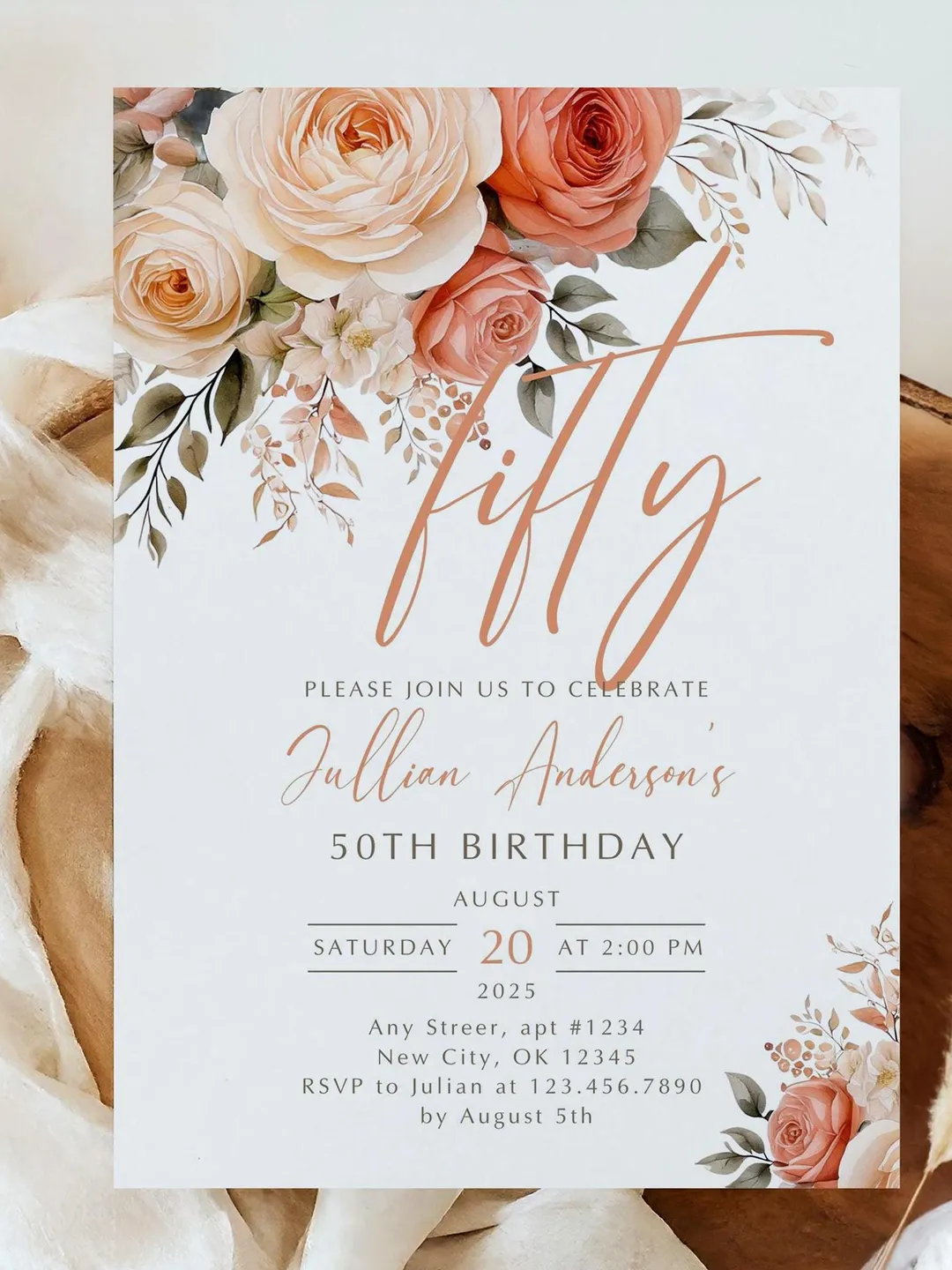50th Birthday Invitation, Birthday Party Invitations for Women, Fifty Floral Birthday Invite for Her, Canva Editable Template, Digital File