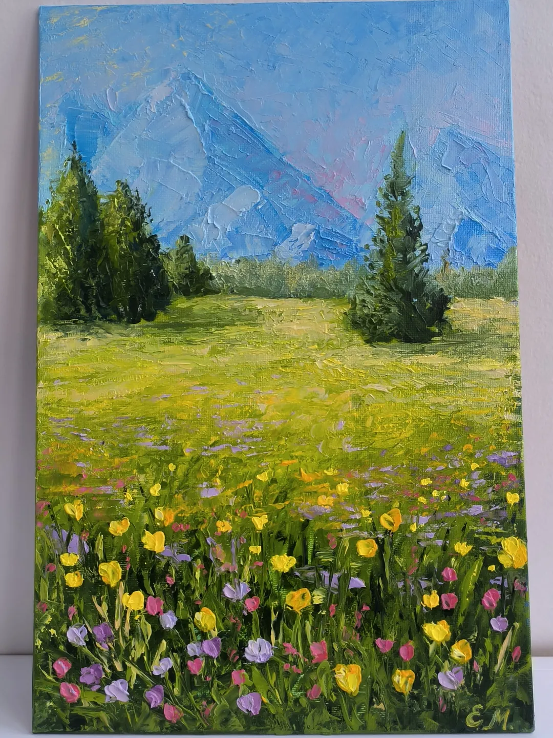 油絵 絵画 【flower park】 Landscape oil painting. Painting with field flowers. Painting with