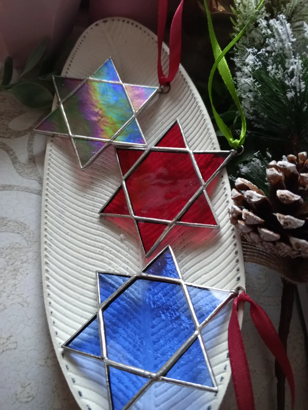 Set of 3 merkaba Red blue snowflake suncatcher, new year tree toy,  seals of Solomon star car hanger