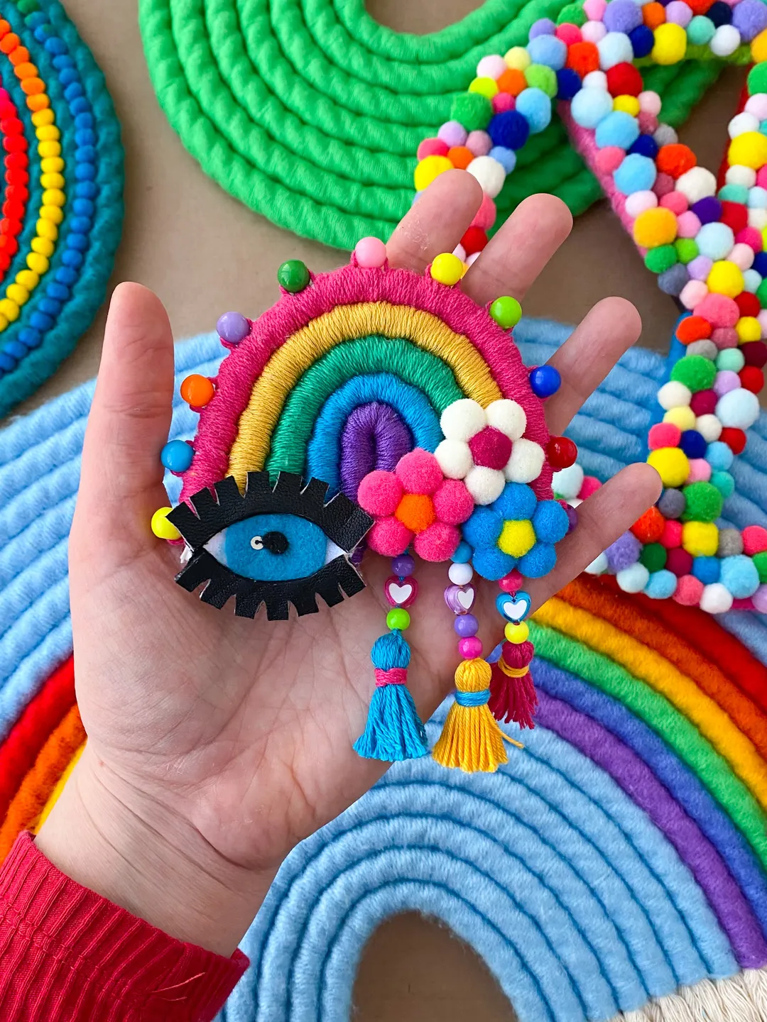 Rearview mirror accessories, Rainbow with evil eye car charm, Hippie decor 60s, 70s, Cute car charm for woman