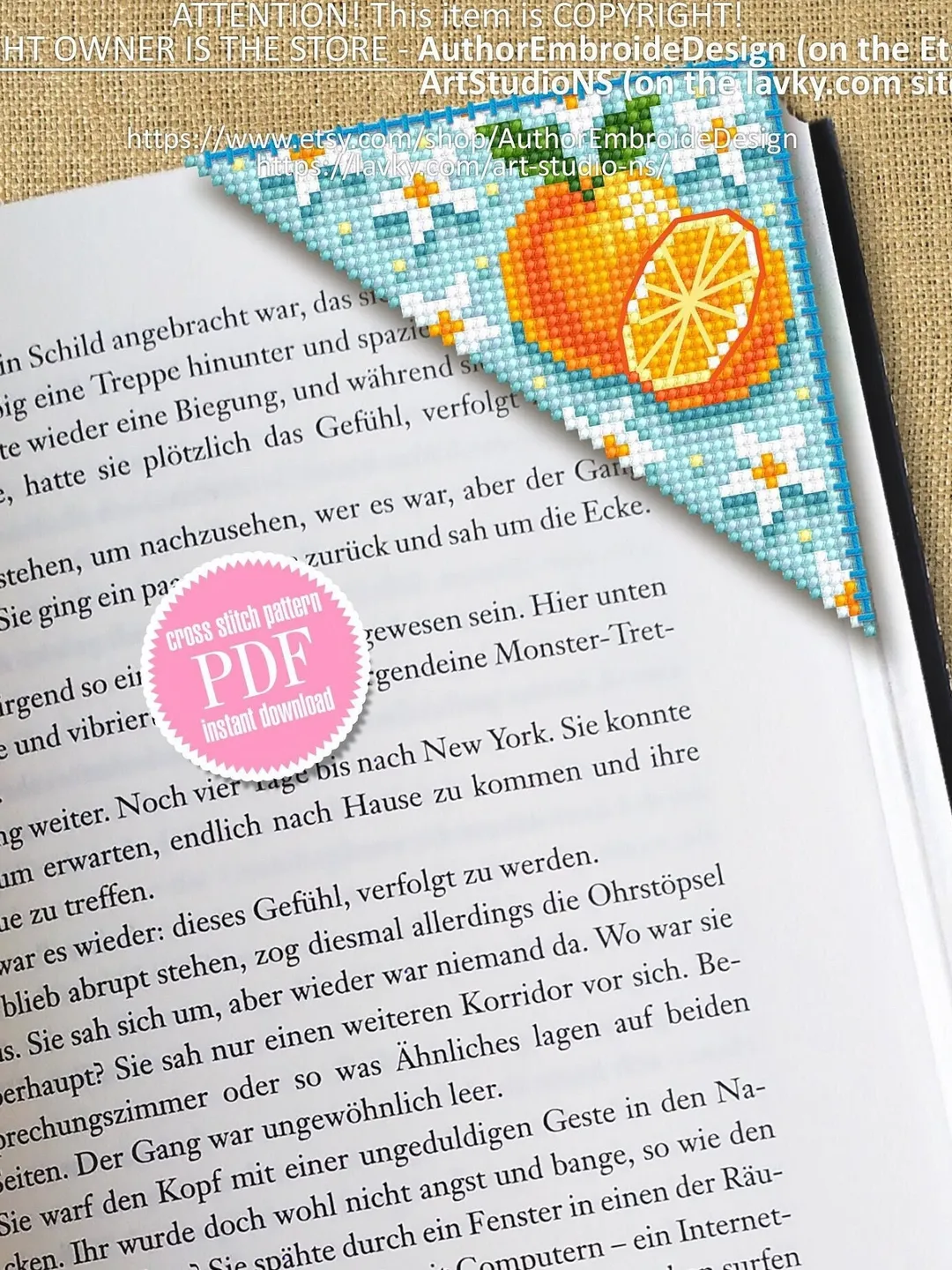 Corner bookmark cross stitch pattern PDF download Orange fruit cross stitch chart, Floral bookmark corner digital PDF, Book lover gift #B181
