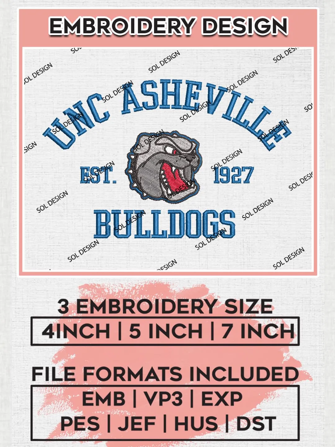 UNC Asheville Bulldogs Est 1927 Embroidery Designs, NCAA UNC Asheville Bulldogs Team Embroidery, NCAA Team Logo, 3 sizes, Machine embroidery Files, Digital Download