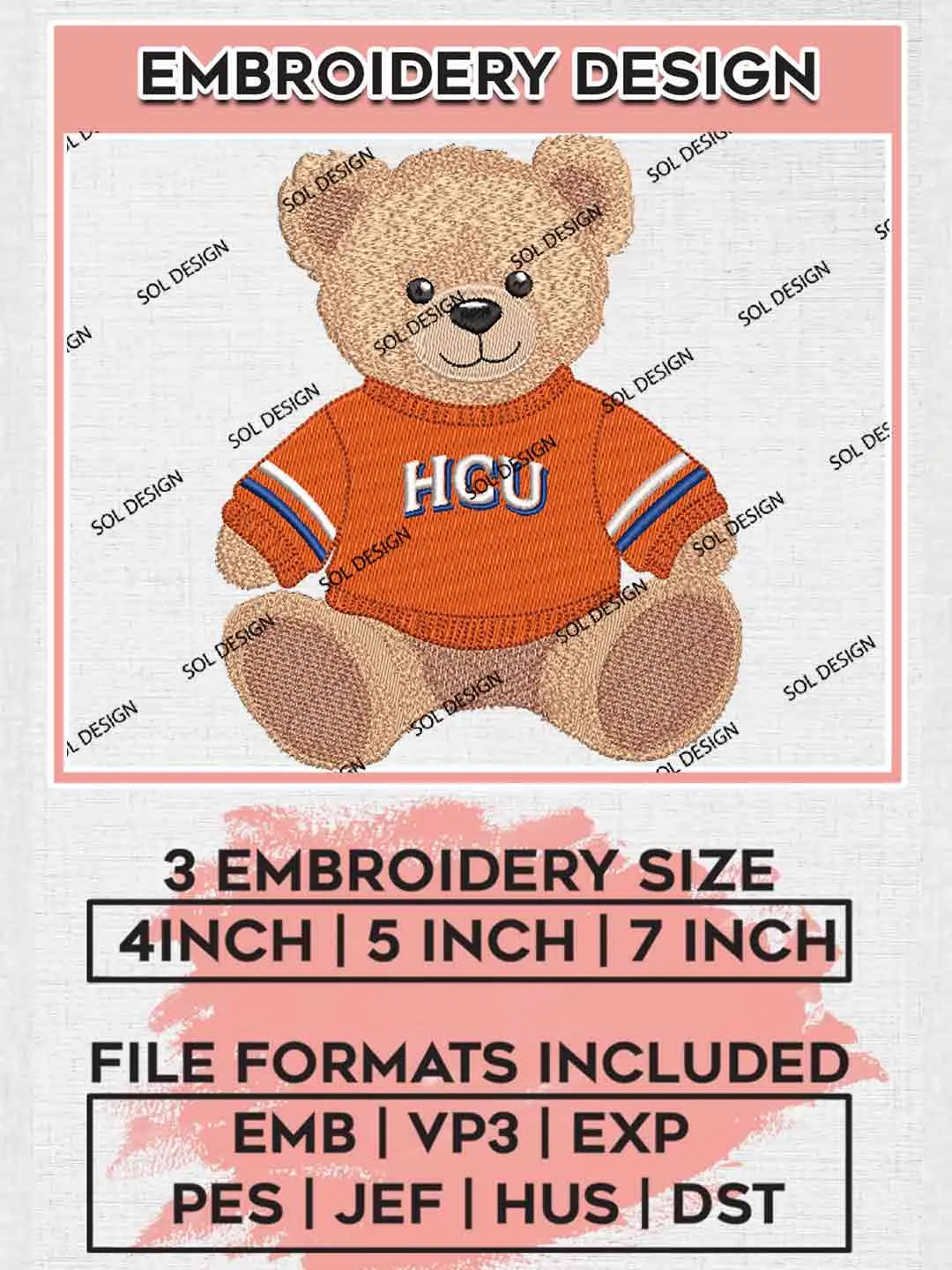 Houston Christian Huskie Teddy Bear Embroidery Design, Football Embroidery files, Sport Machine embroidery files, 3 sizes, Instant Download