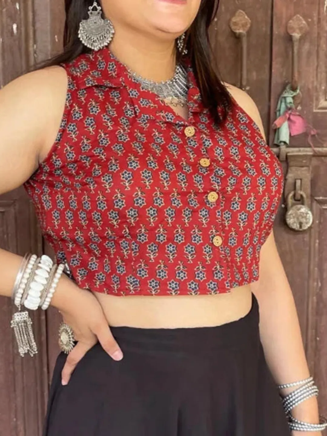 Handmade Red Block Print Cotton Crop Top for Women, Sleeveless Ethnic Boho Top