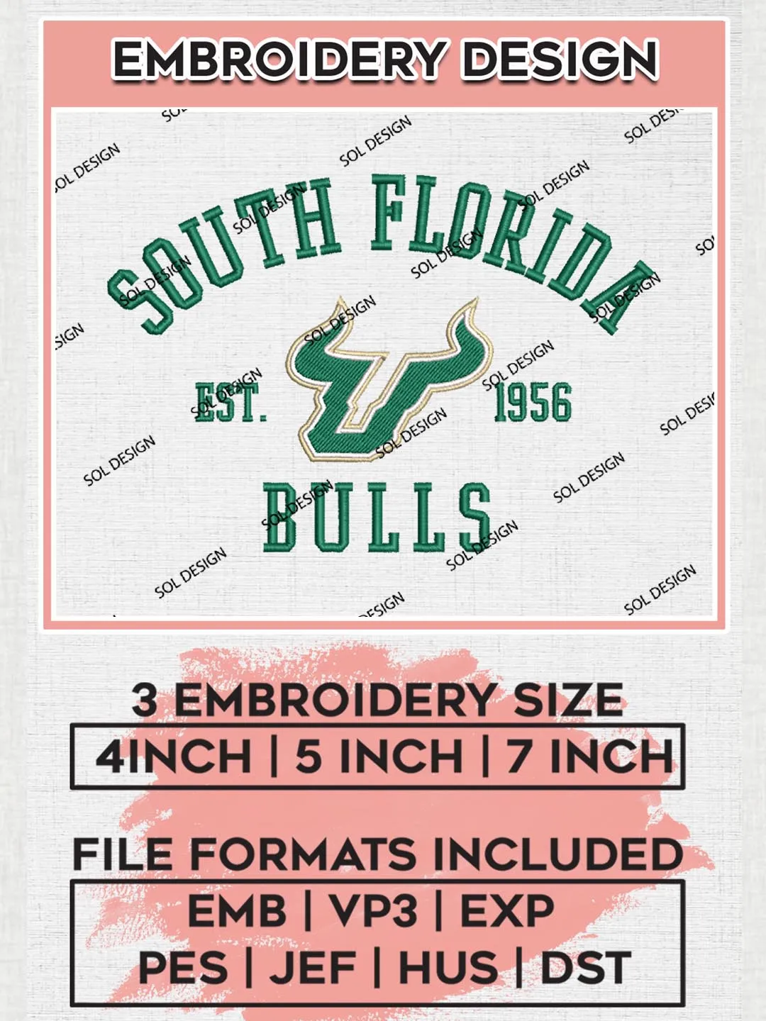 South Florida Bulls Est 1956 Logo Embroidery Designs, NCAA South Florida Bulls Team Embroidery, NCAA Team Logo, 3 sizes, Machine embroidery Files, Digital Download