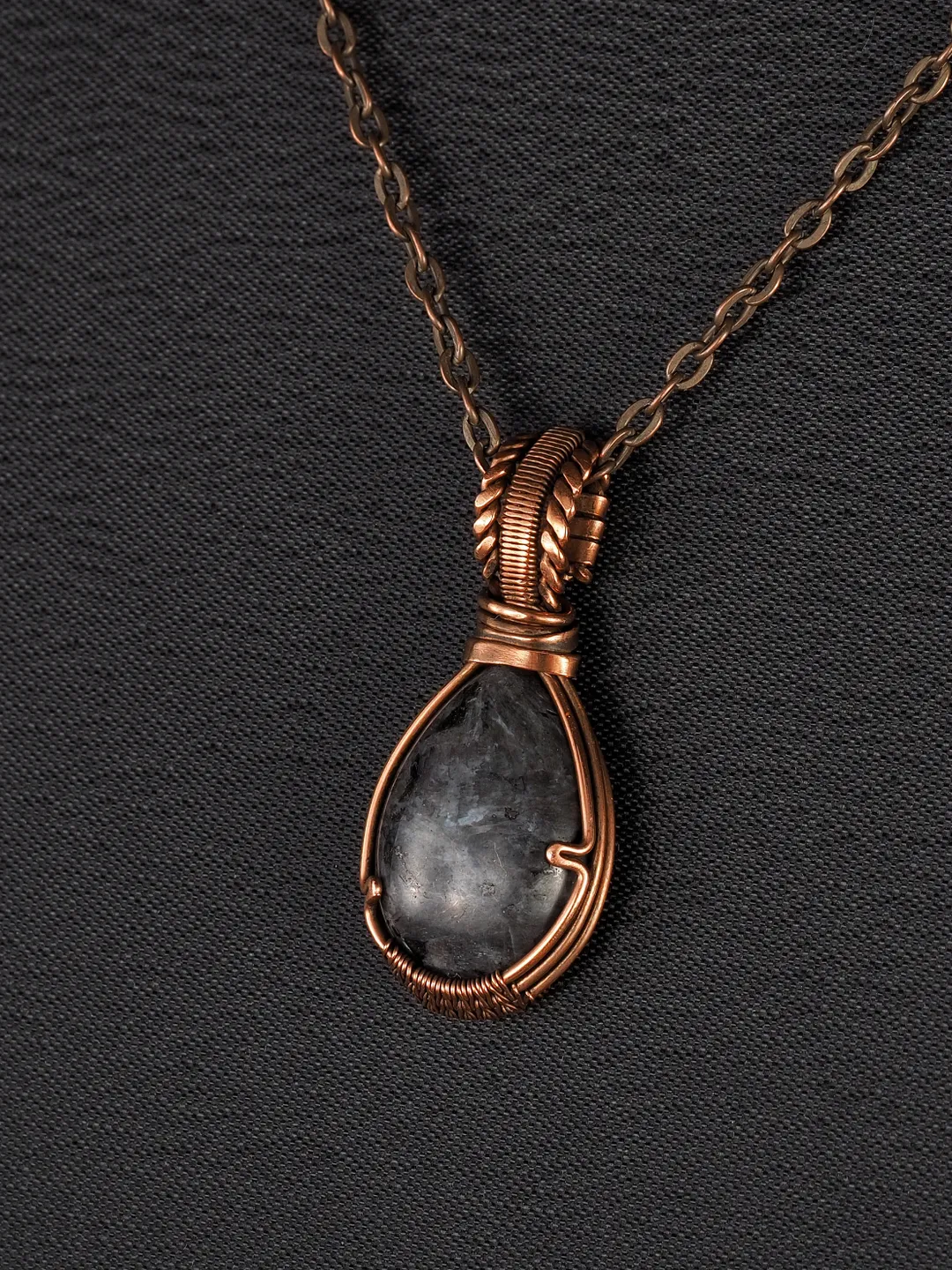 Larvikite pendant for women Wire wrapped copper necklace Handmade copper jewelry