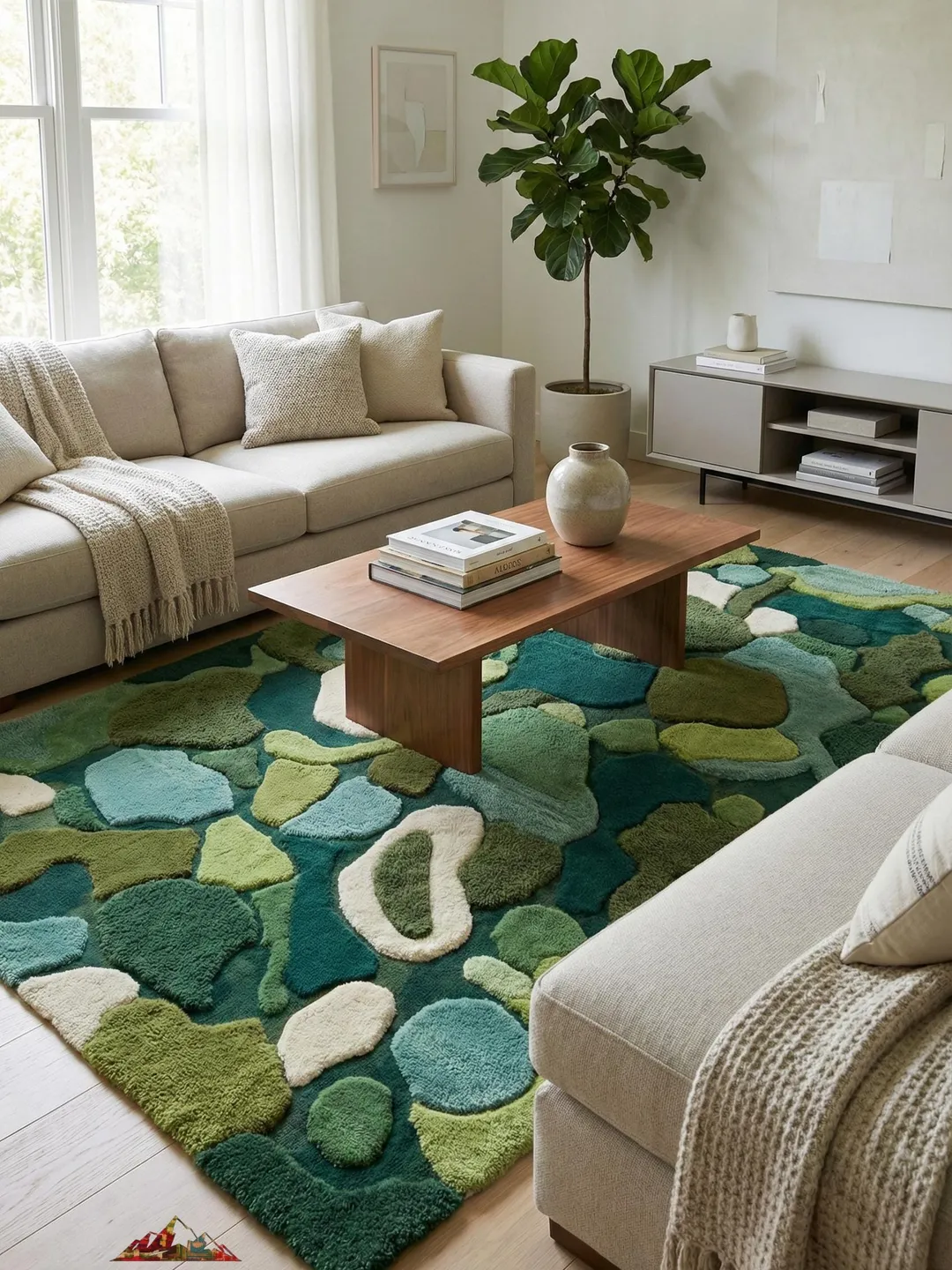 Hand Tufted Green Abstract Wool Rug | Organic Shape Area Decor