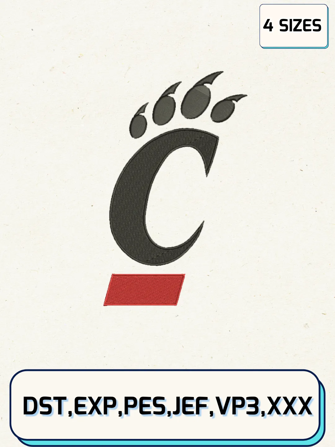 Cincinnati Bearcats Embroidery Design Files, NCAA Logos Embroidery Designs, Machine Embroidery Files, 4 Sizes