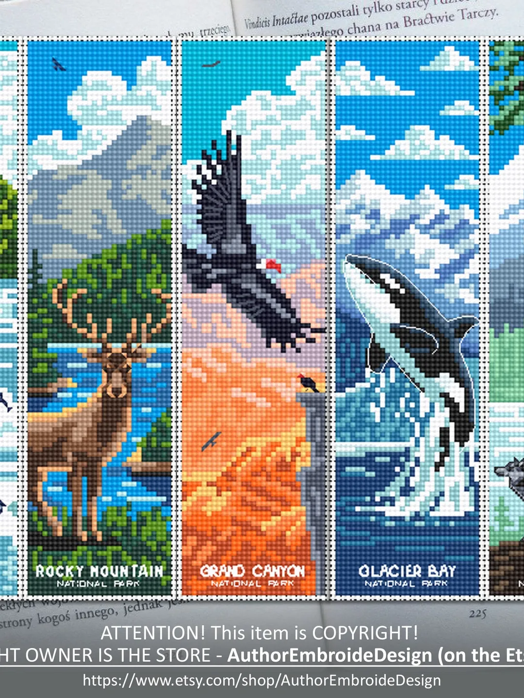 National Park bookmark set cross stitch pattern PDF download Nature cross stitch chart, Digital bookmark pattern PDF, Wild animals #B190