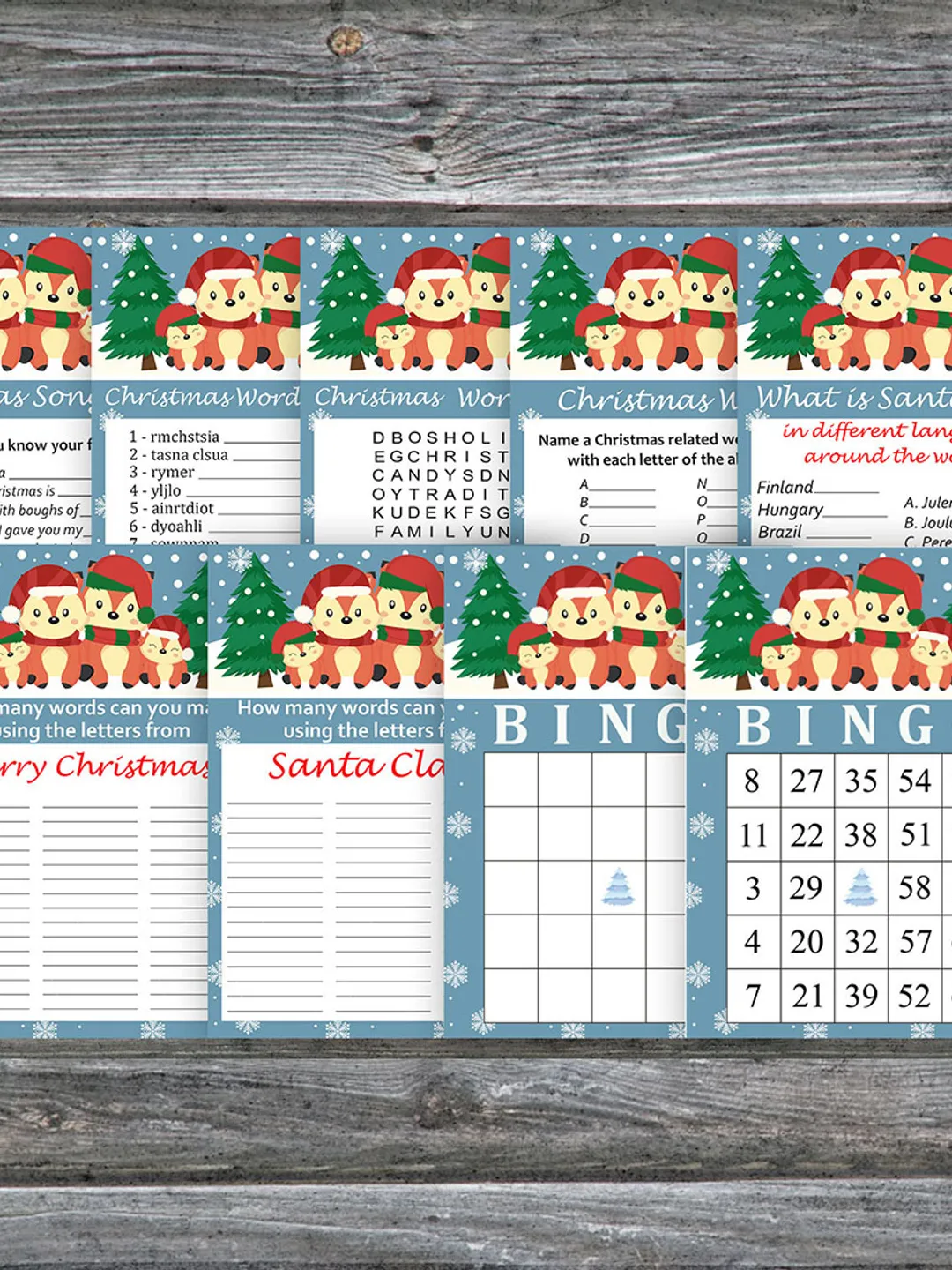 Christmas party games bundle,Printable Christmas Party Game Pack,Christmas foxs Christmas Trivia Game Cards