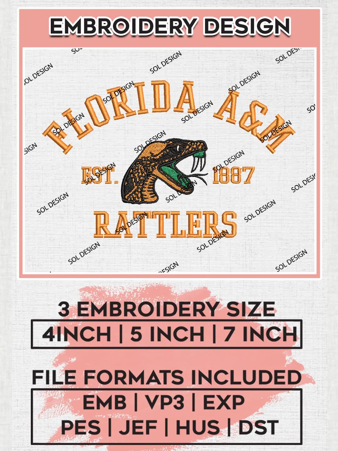 Rusty Rattler Logo Design Florida A&M Rattlers Est 1887 Logo Embroidery Designs, NCAA Florida AM ...