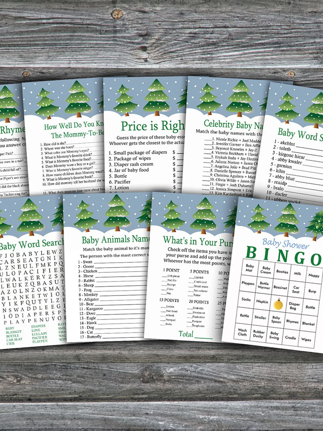 Christmas tree baby shower games bundle,Winter themed Baby Shower games package,Fun Baby Shower Games,9 Printable Games