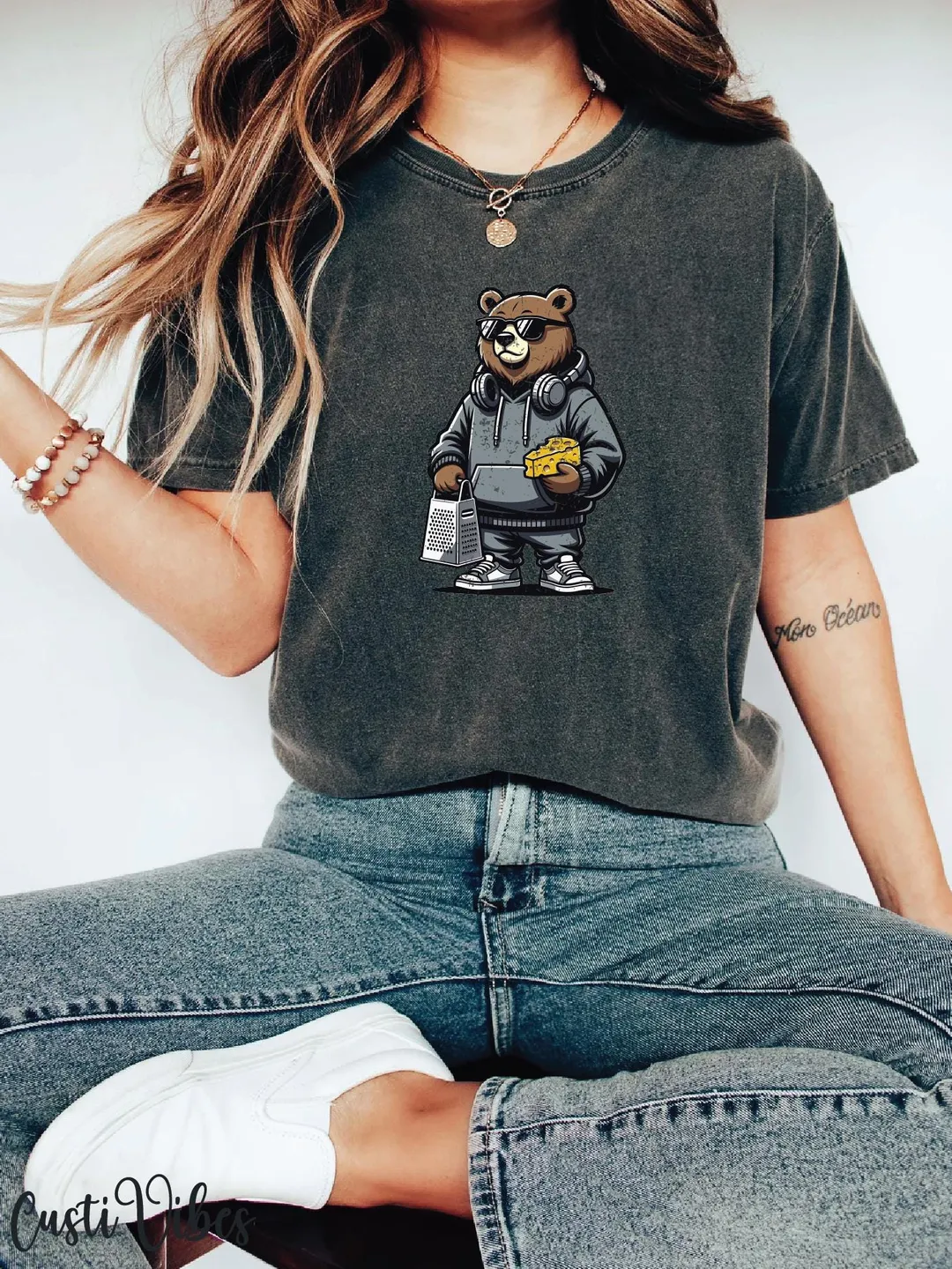 Retro Bear T-Shirt, Funny Cartoon Animal Tee, Cheese Grater & Sunglasses