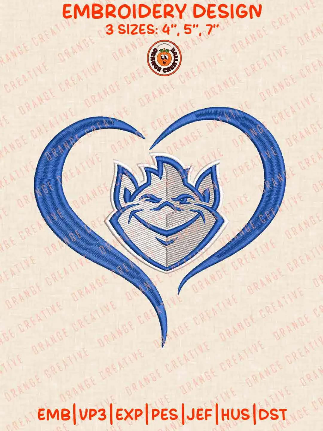 Saint Louis Billiken Heart Logo Embroidery Design, College Machine Embroidery Digitized Pes File, Football Designs, 3 Sizes, Custom Size, Instant Download