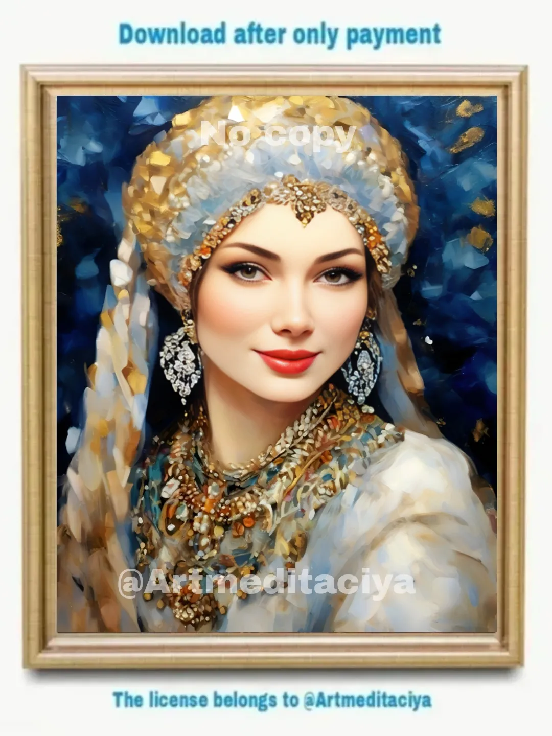 Digital abstract texture painting "Russian Snow Maiden", a blue-eyed blonde in a luxurious white winter outfit with gold elements on an abstract blue background, made in the ethnic style of oil painting with a palette knife