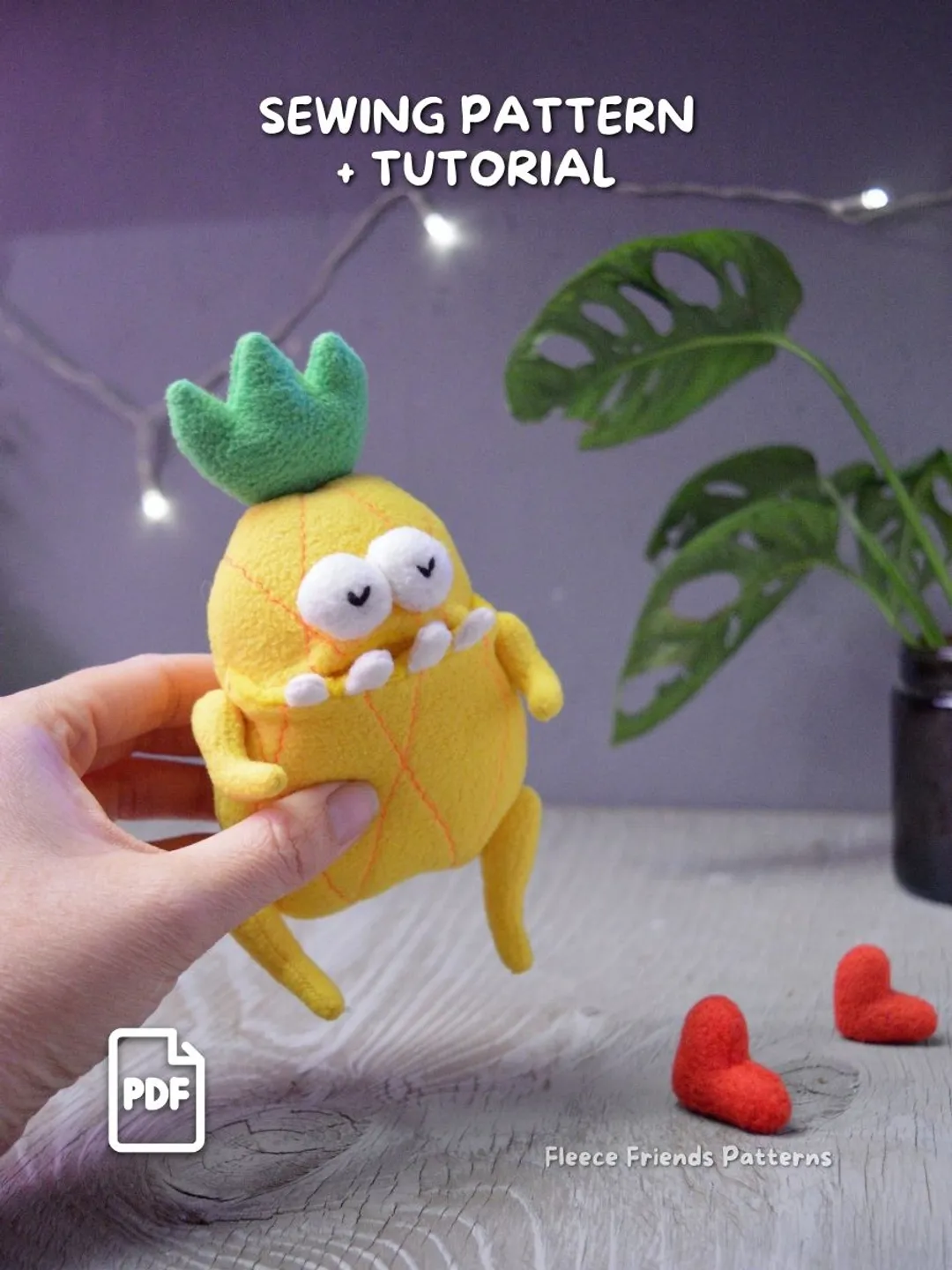 Pineapple Monster Sewing Pattern PDF, Plush with Secret Mouth Pocket, Beginner Fruit Monster Tutorial