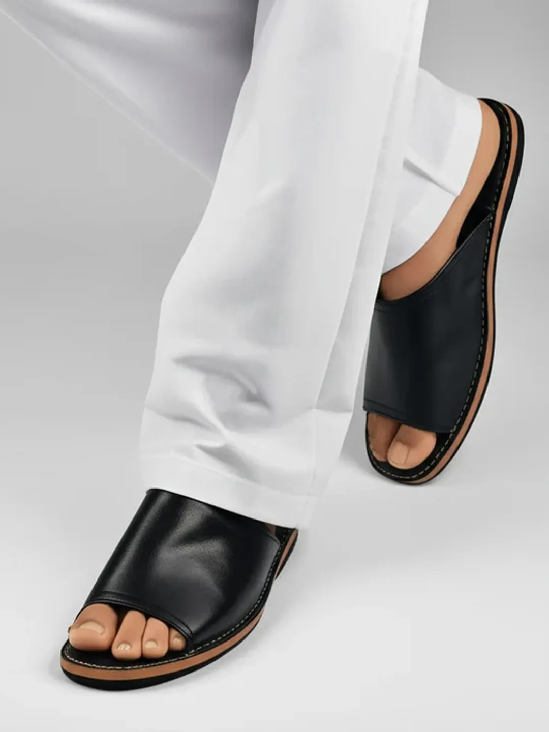 Black Genuine Leather Slippers for Men Handmade Comfortable Slip
