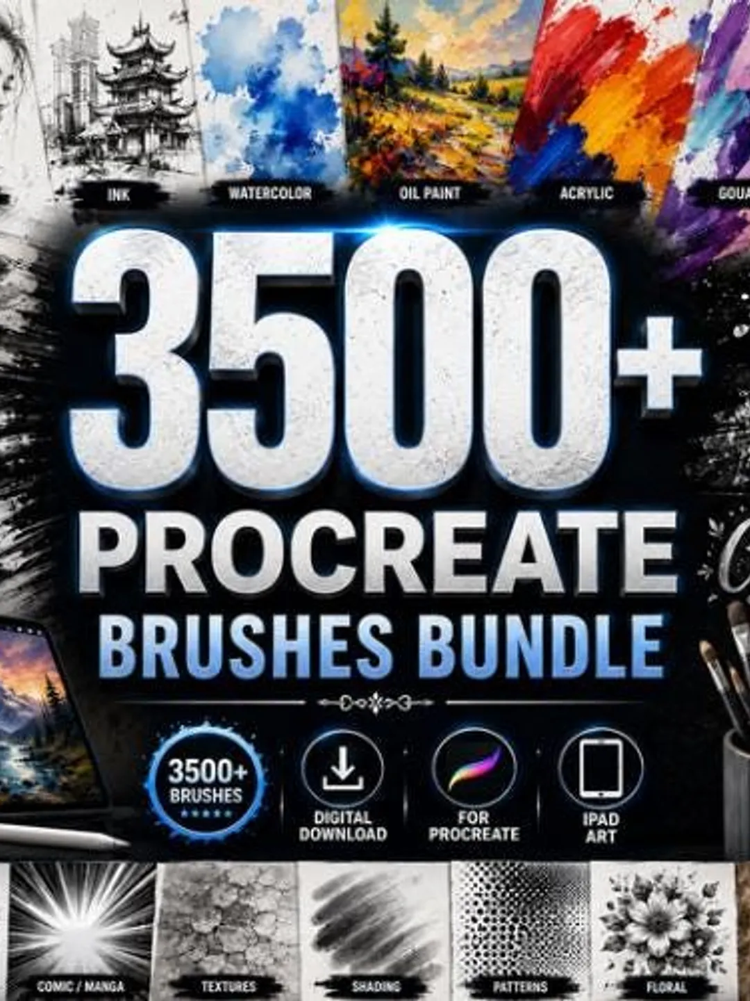 3500+ Digital Art Brushes Bundle | Procreate Drawing, Painting, Sketch, Ink & Textures | Artist Brush Set