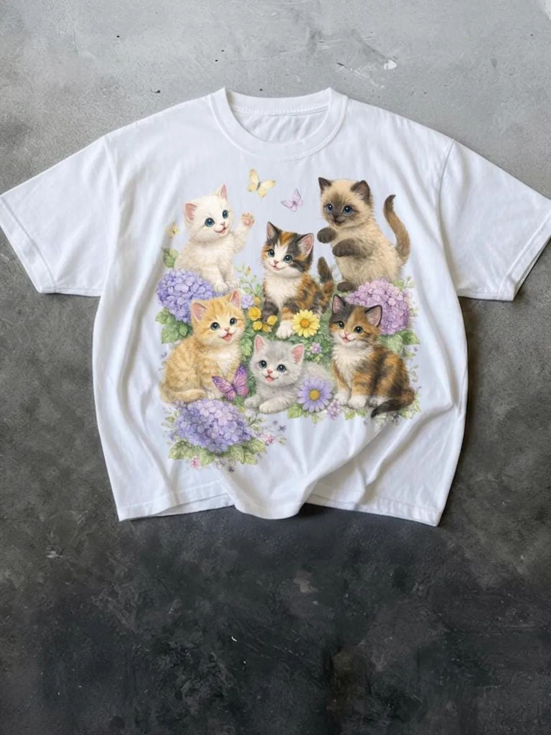 Kitten Graphic T-Shirt, Retro Floral Cats, Comfort Colors Ivory Tee