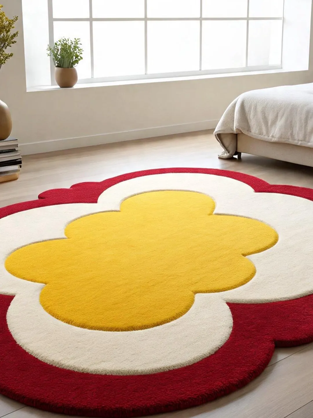 Red Yellow Rugs Hand Tufted Retro Flower Red, Yellow and Cream Wool Area Rug