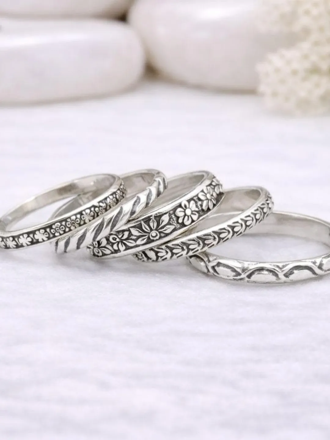 Sundance Stackable Rings Set Oxidized Sterling Silver Stacking Ring Set | Floral Leaf Pattern Bands
