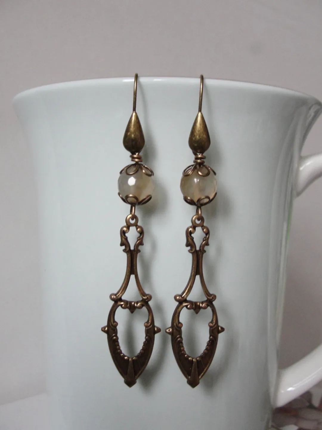 Boho Shabby chic Vintaj solid and natural brass with agate beads earrings