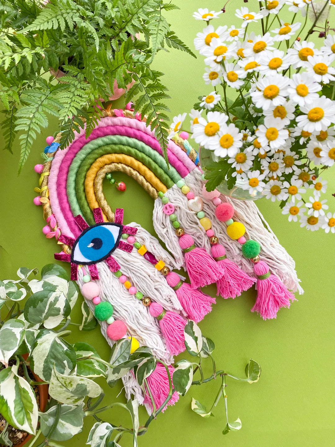 Macrame rainbow wall hanging, Funny birthday gift, Above bed decor, Evil eye charm, Strawberry aesthetic, Boho home decor