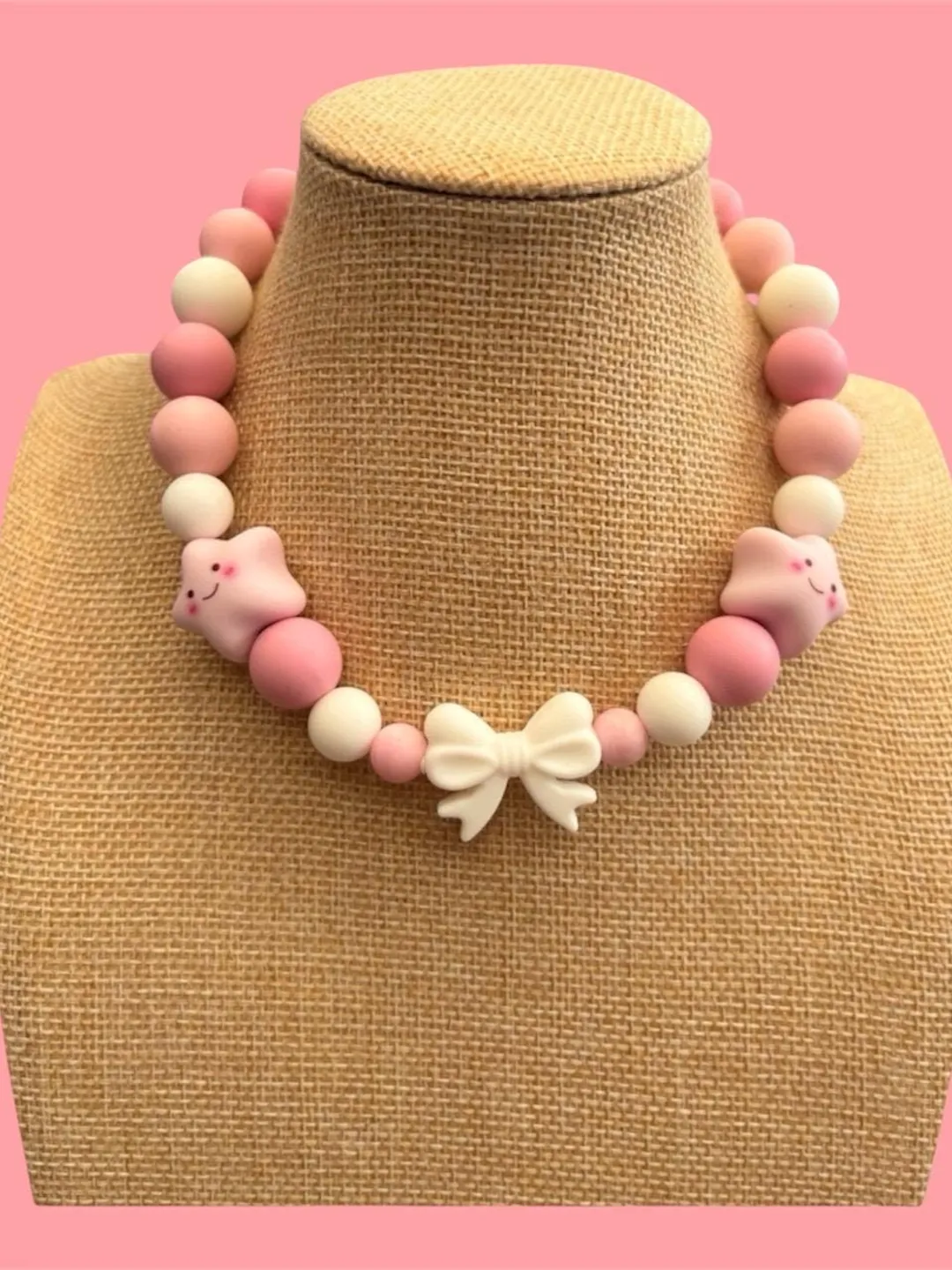 Kawaii star pink & white beaded necklace