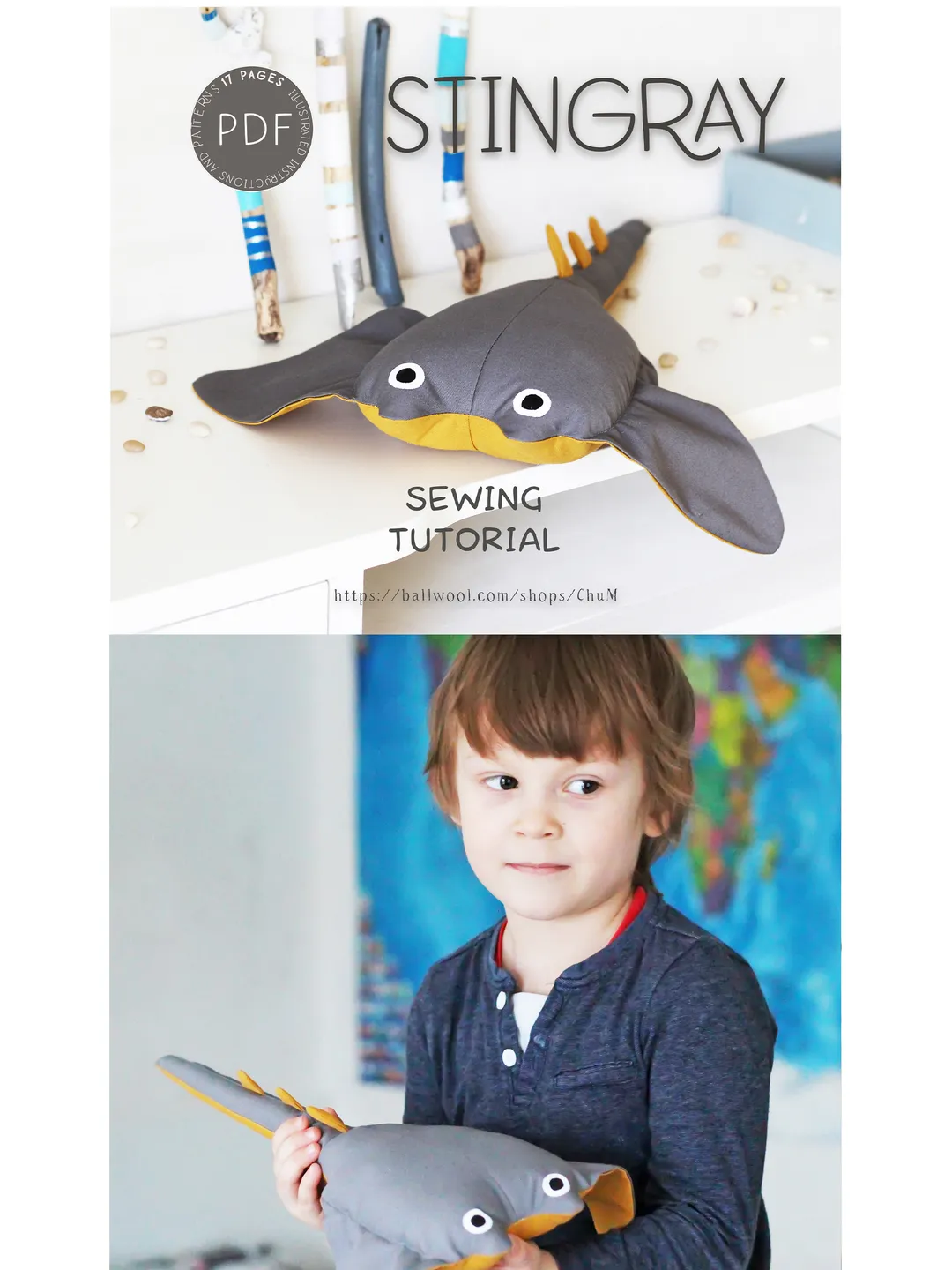 Stingray sewing pattern, Stingray toy sewing pattern. DIY Tutorial in PDF Format. Digital Pattern for Easy Sewing.