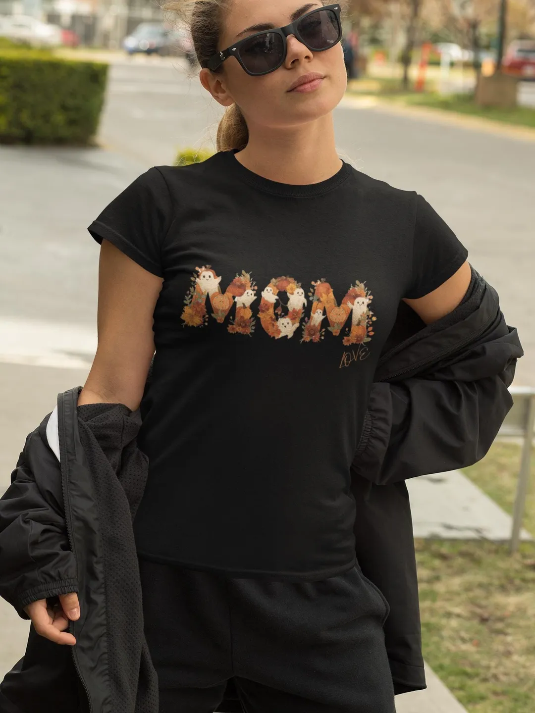 Halloween Mom T-Shirt | Ghost and Pumpkin Letters Tee | Spooky Cute Fall Shirt | Halloween Graphic Top | Mom Gift Idea"
