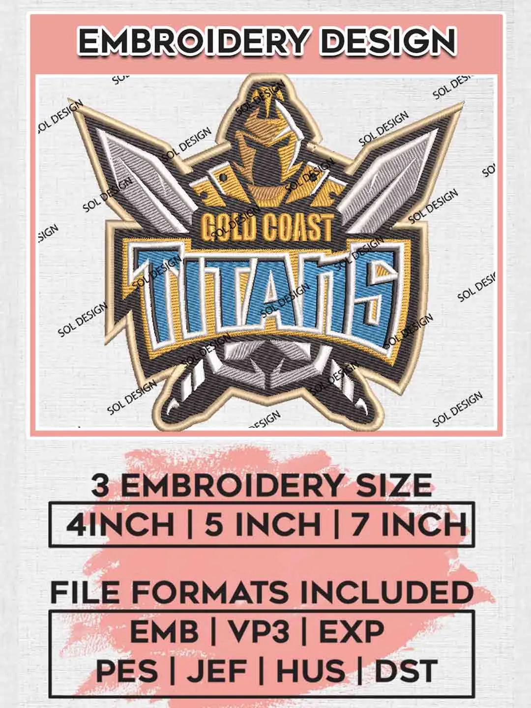 NRL Gold Coast Titans Embroidery Design, National Rugby League Logo, Gold Coast Titans Logos Embroidery Design,NRL Machine Embroidery Digitized Pes File,3 Sizes, Instant Download