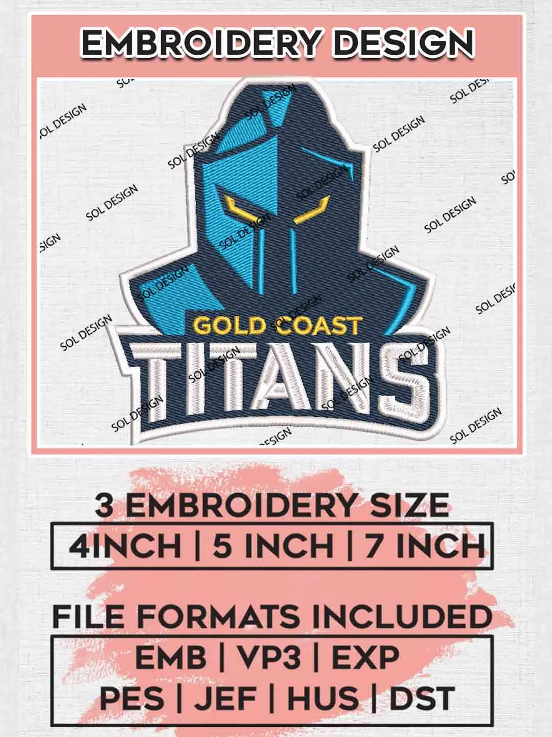 NRL Gold Coast Titans logo Embroidery Design, National Rugby League Logo, Gold Coast Titans Logos Embroidery Design,NRL Machine Embroidery Digitized Pes File,3 Sizes, Instant Download