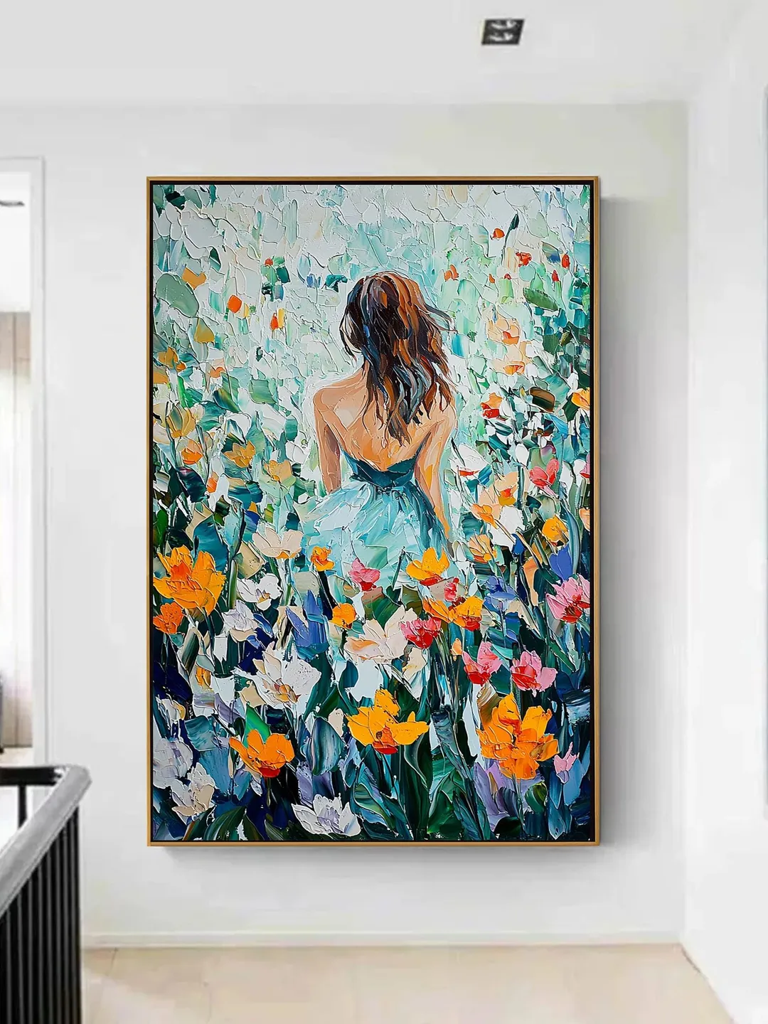 Large Impasto Woman in Flower Field Oil Painting, Colorful Garden