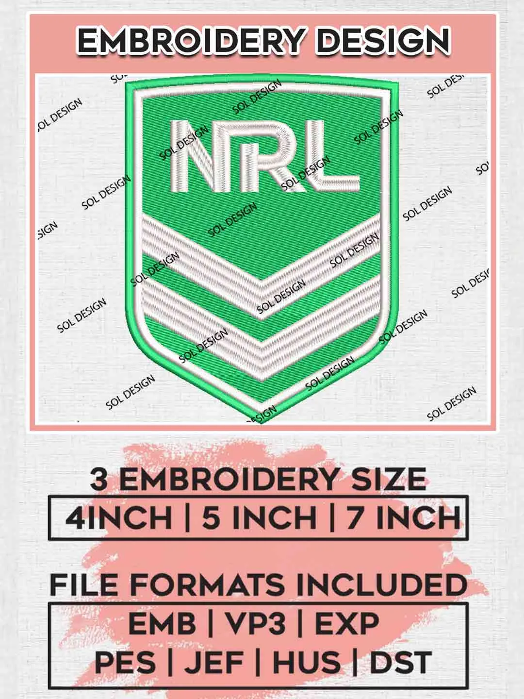 NRL Logo Machine Embroidery Design, National Rugby League Embroidery Design, NRL Logo Embroidery Design, NRL Machine Embroidery Digitized Pes File, 3 Sizes, Instant Download