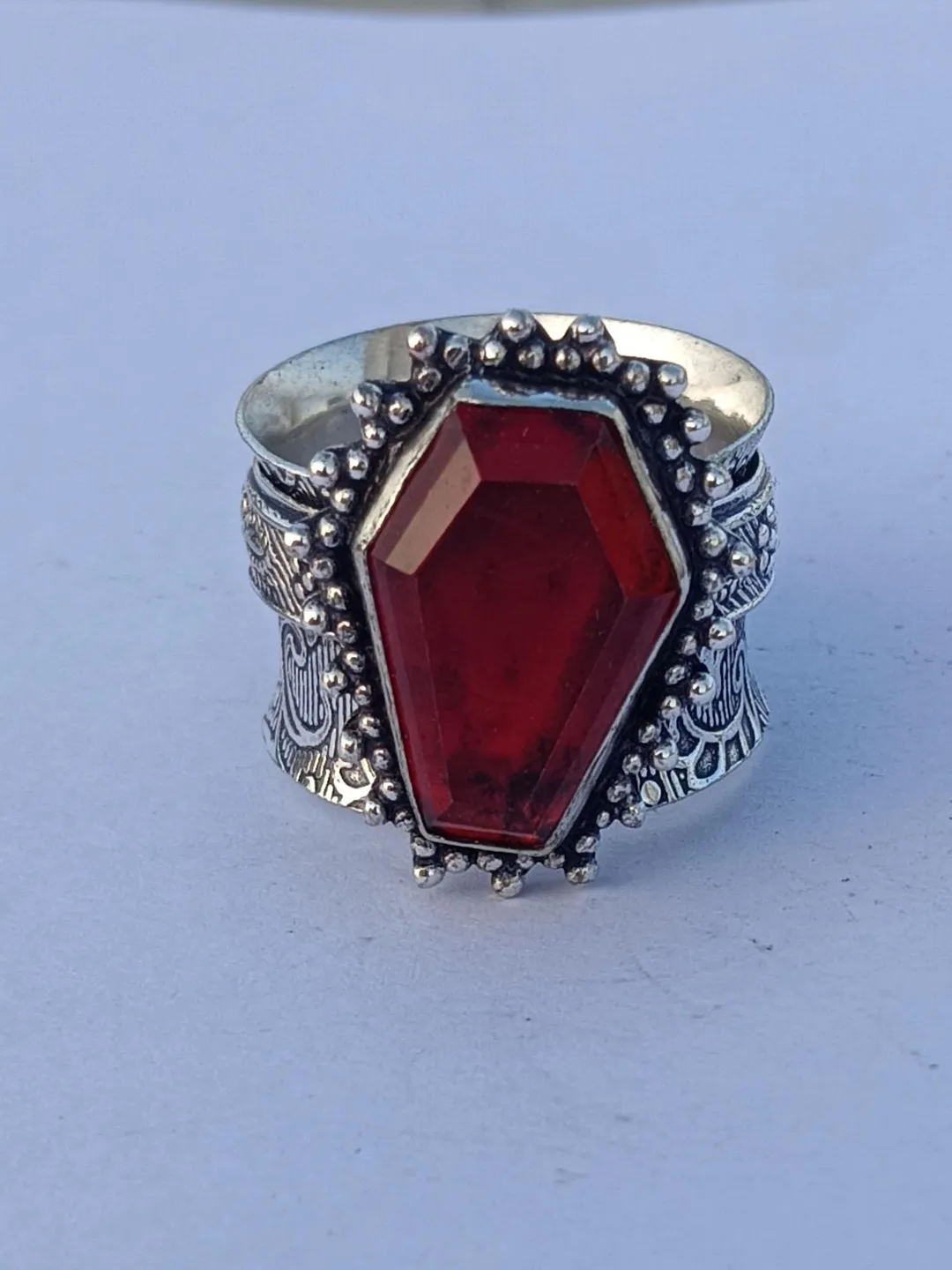 Handmade Coffin Garnet Spinner Ring, Solid Sterling Silver