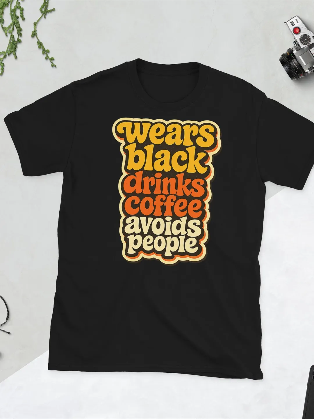 Funny Wears Black Drinks Coffee Avoids People T-Shirt, Retro 70s Style Graphic Tee, Sarcastic Introvert Shirt, Oversized Aesthetic Top