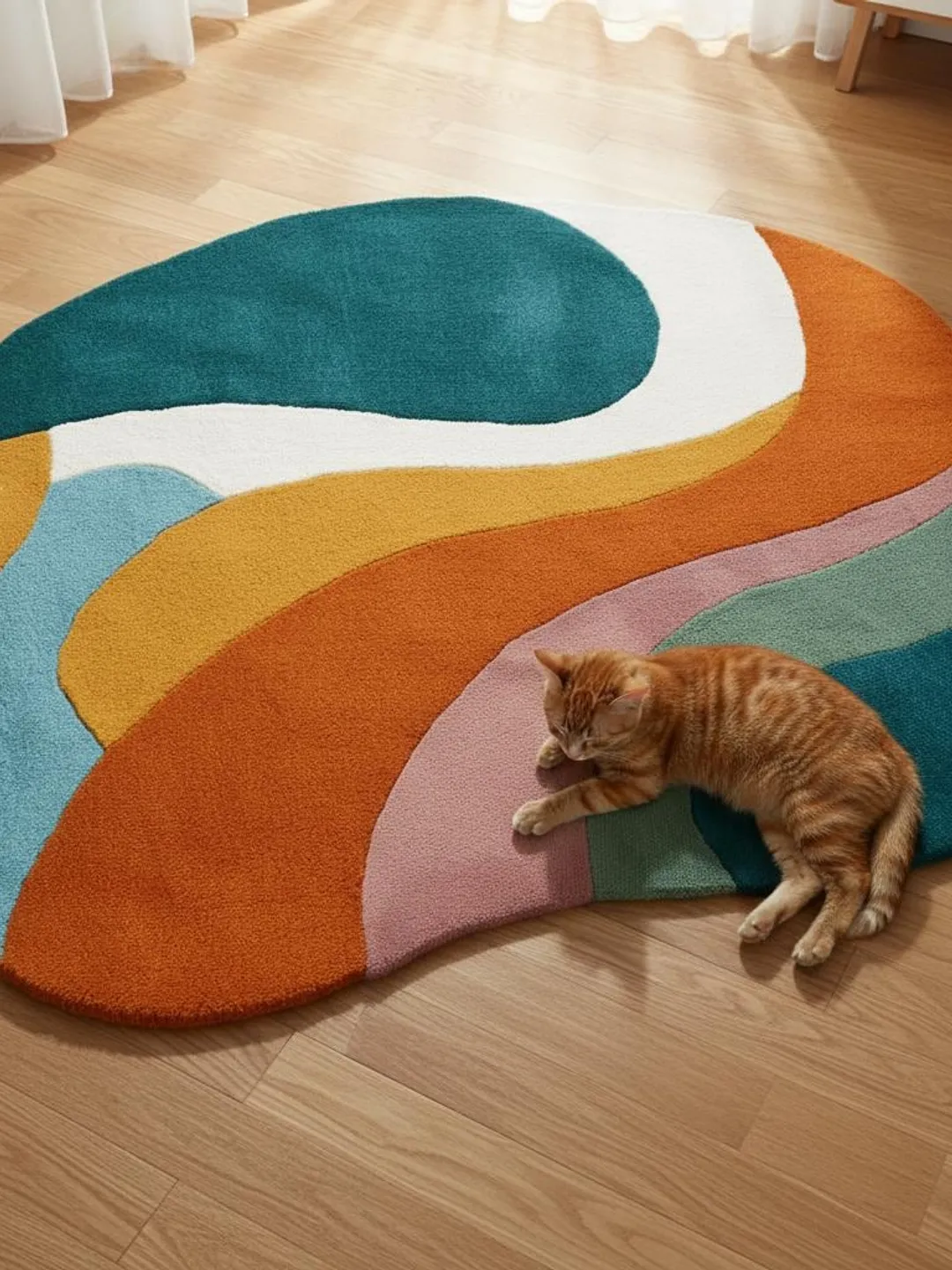 Teal rust abstract wavy area rug – irregular organic shape, color-block modern retro accent Teppich