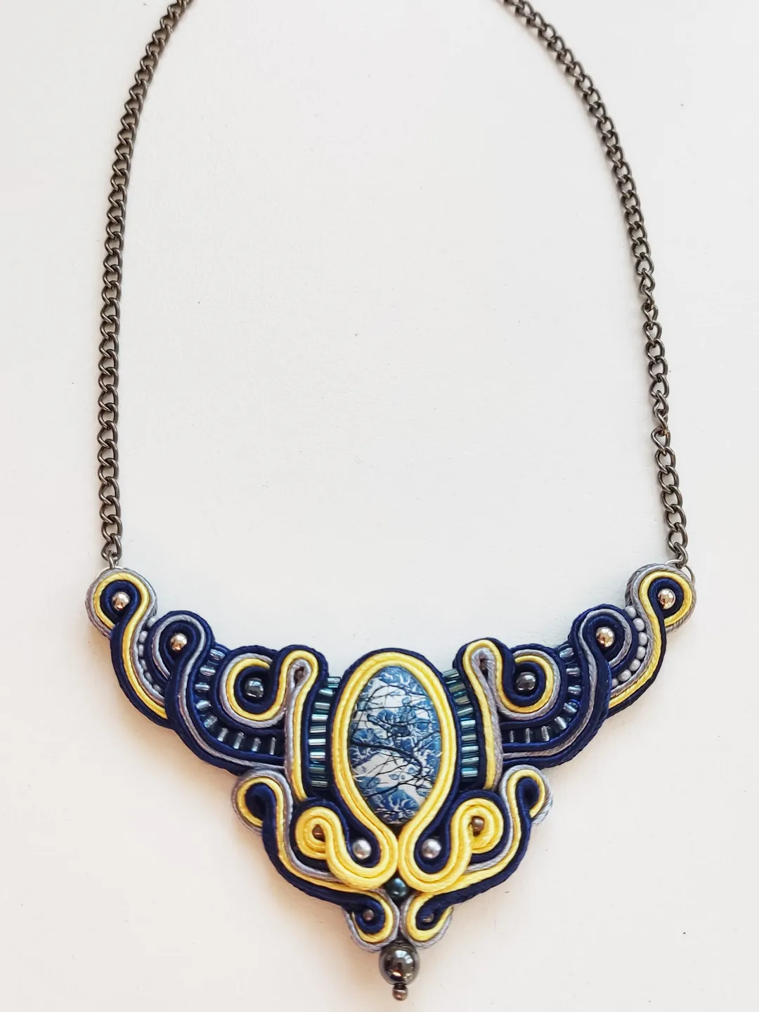 Blue necklace, Statement necklace, Boho necklace, Soutache embroidered necklace