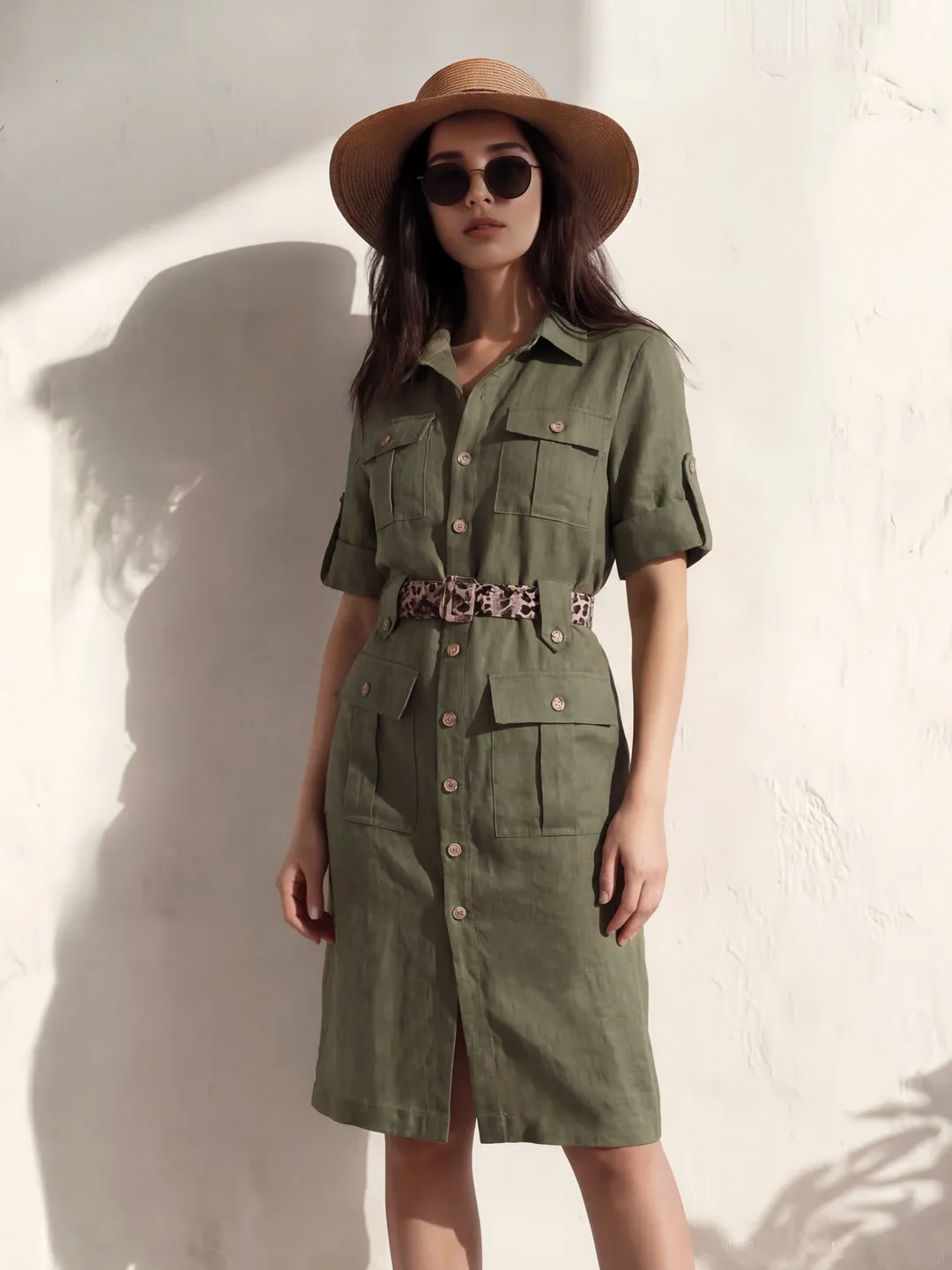 Linen Shirt Dress with Pockets/ Green Safari Style Dress