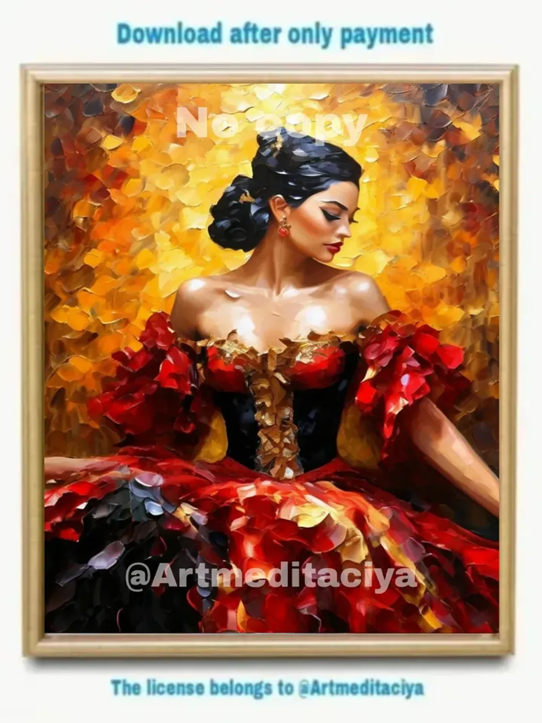 Digital abstract 3d textured painting "Dancing Carmen" in impasto style, painted with a palette knife in oil on an abstract yellow-orange-brown background. An image of a dynamic Spanish brunette with fluffy eyelashes in a red and black puffy dress with go